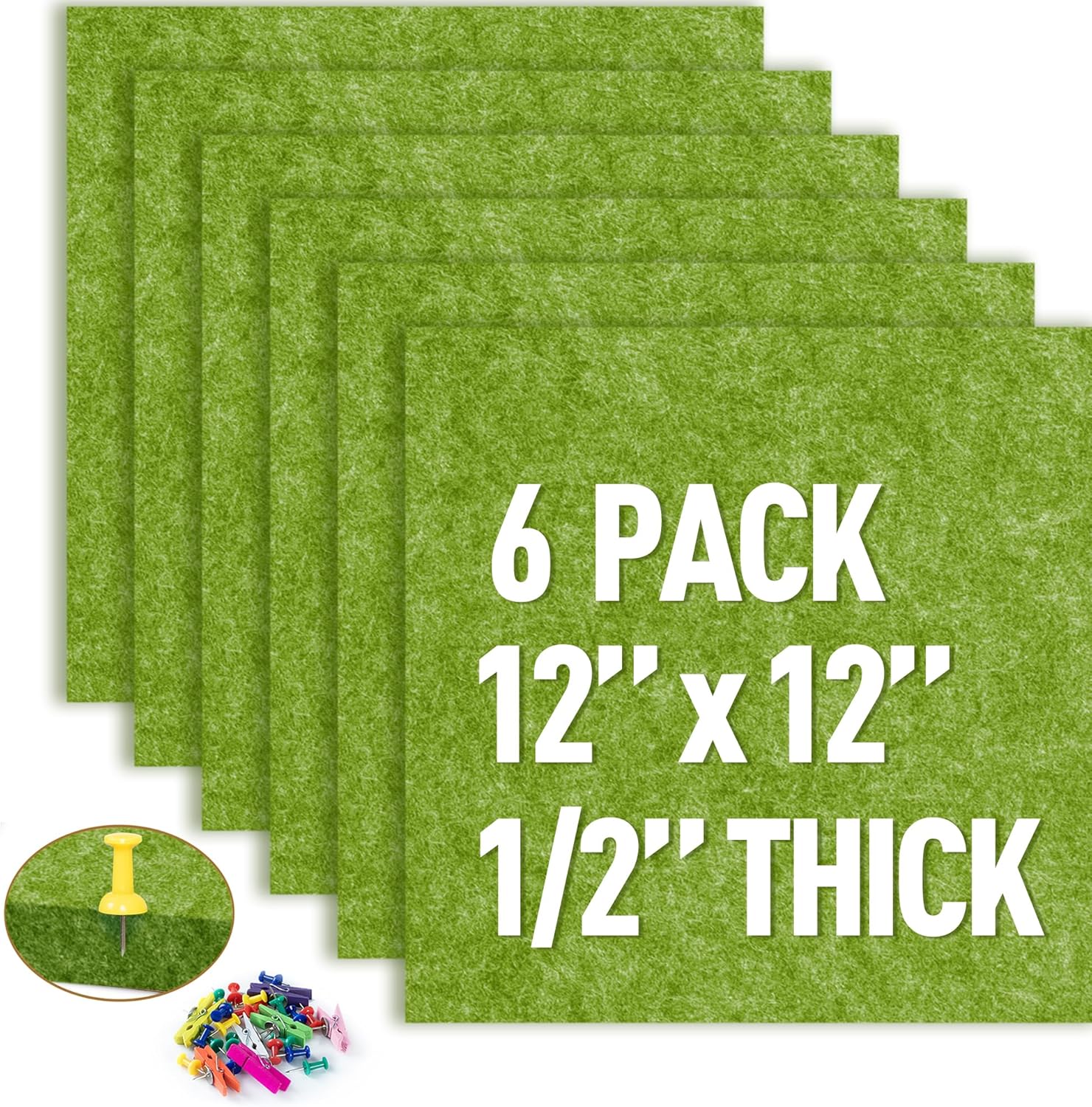 AKTOP Cork Bulletin Board 12x12, 1/2" Thick Felt Cork Board Tiles 6 Pack, Small Square Pin Board for Wall, Self Adhesive Corkboards with 60 Push Pin Wood Clips for School, Home & Office, Green - Lumora Desk