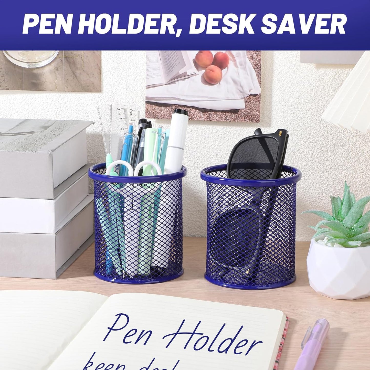 Segarty Pen Cup, 6 Pack Round Cute Dark Blue Pen Holder for Desk, Wire Mesh Pencil Holder Container Set, Desktop Organizer for Office Supplies, Maker, School, Home Storage, Makeup Brush