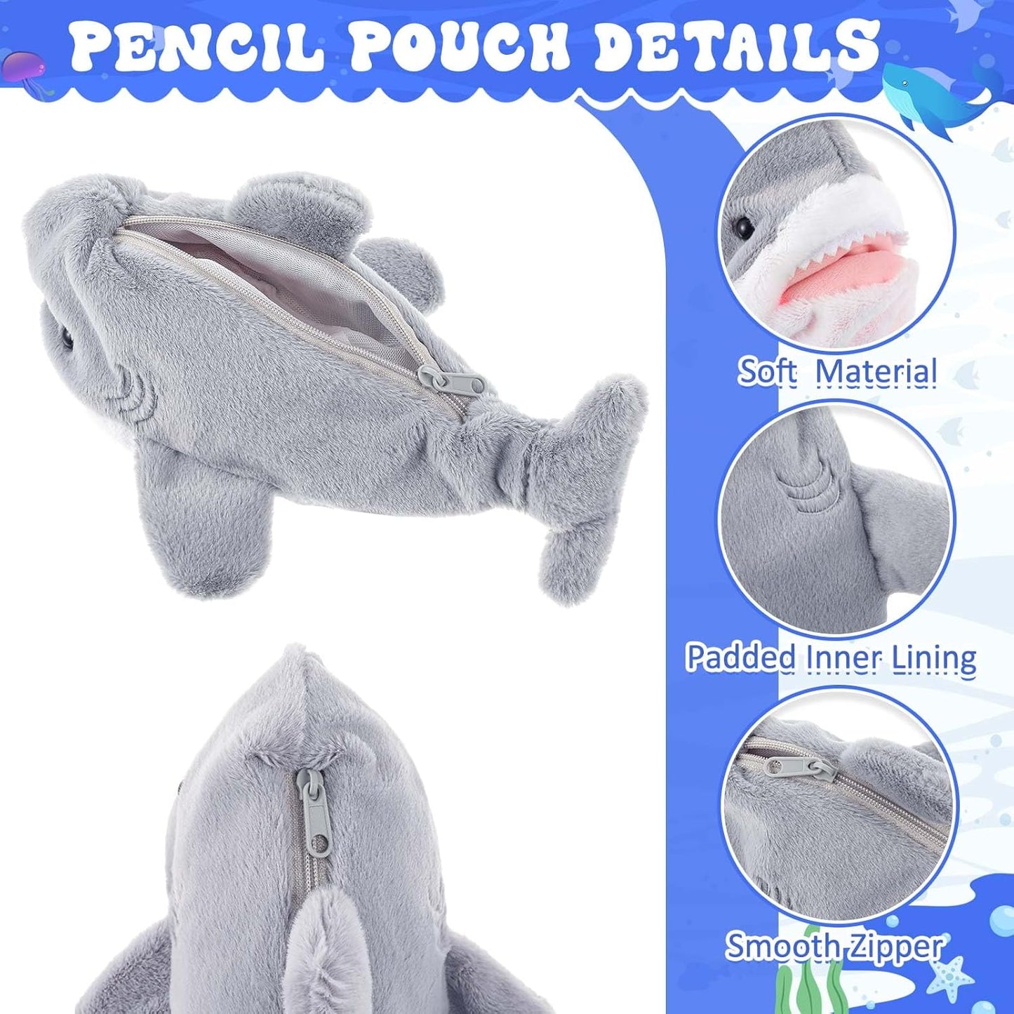 3 Pcs Grey Shark Pencil Pouch for Kids 3D Plush Animal Pencil Case with 2 Fun Pencils & 1 Soft Stationery Bag Ideal Birthday Gift for Boys and Girls, Back to School Supplies