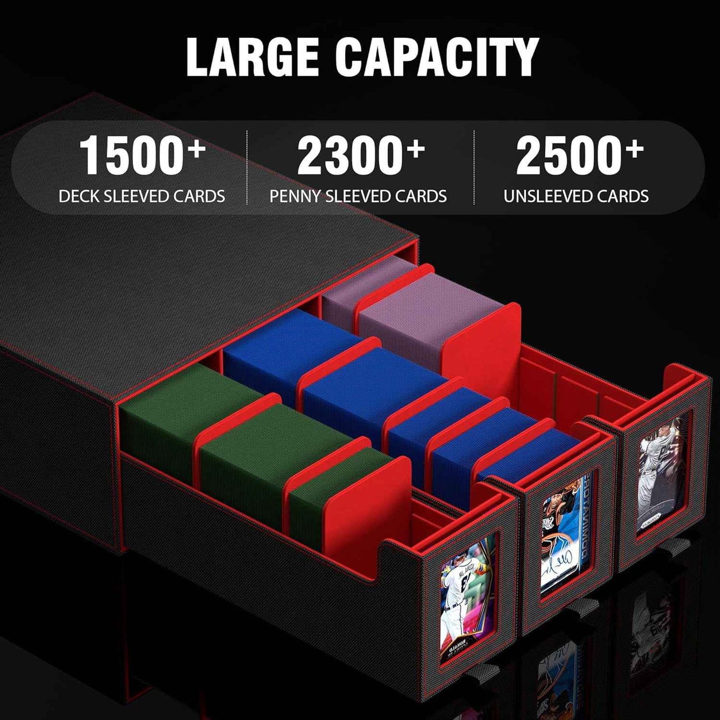 Trading Card Storage Box, 3-Row Slide-Pull Card Case with Stackable Design & 15 Dividers, Commander Display Card Organizer Holder for MTG, Pkmn, YuGiOh, TCG and Sports Cards, Holds 2500+ Cards (Red)