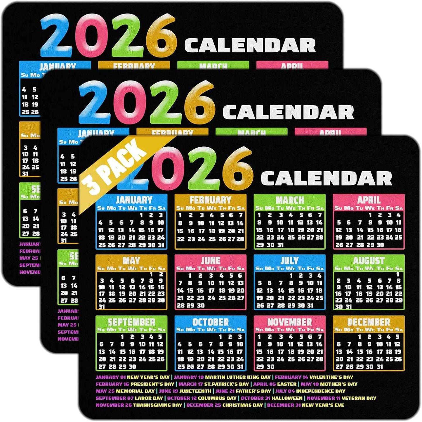 2026 Calendar Mouse Pad, 9.5 x 7.9 Inch, Non-Slip Rubber Base, Computer Laptop Office Desk Accessory, Black Background with Colorful Months, 3 Pack