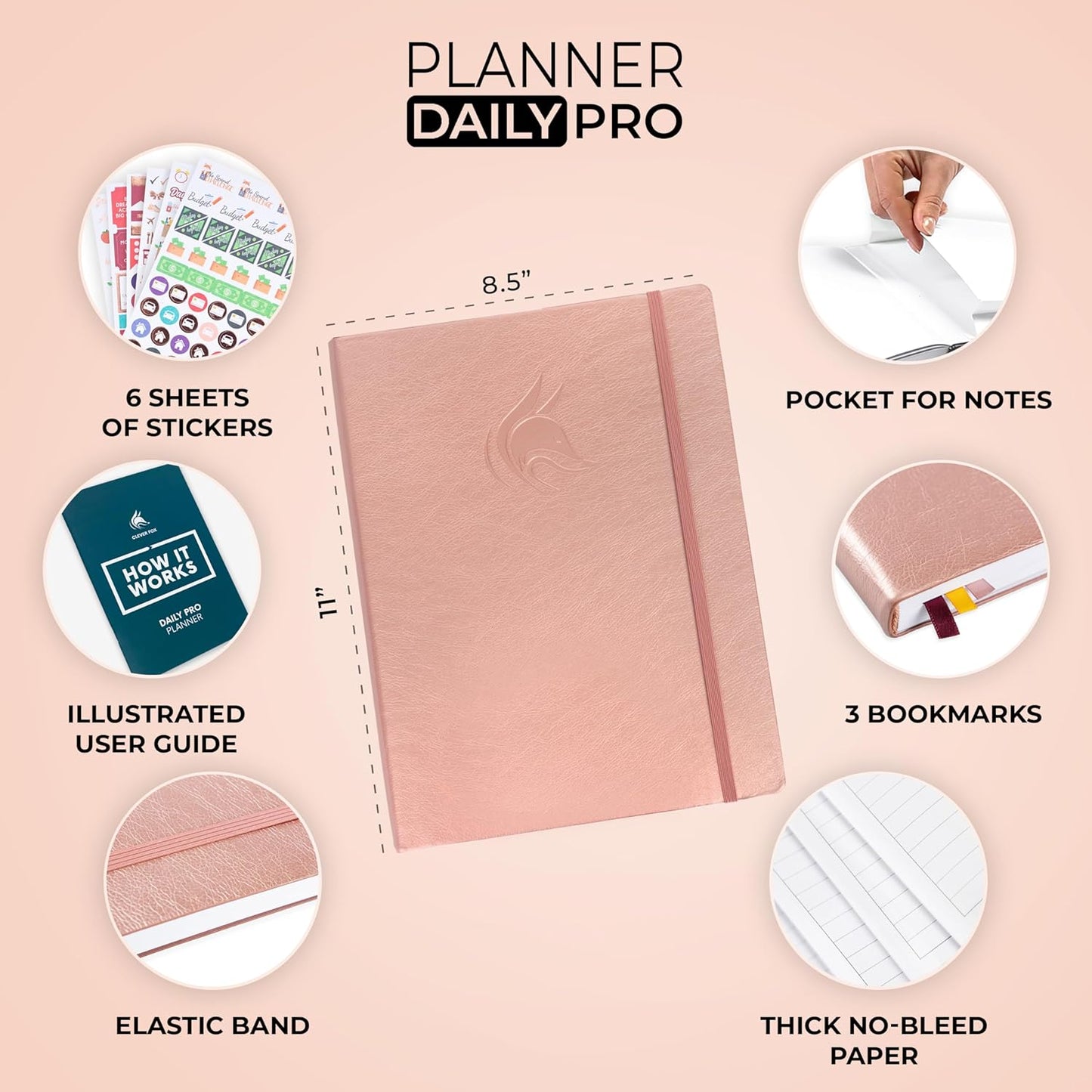 Clever Fox Planner Daily PRO - 8.5 x 11" A4 Size Daily Life Planner and Gratitude Journal to Increase Productivity, Time Management and Hit Your Goals - Undated - Lasts 3 Months (Rose Gold)