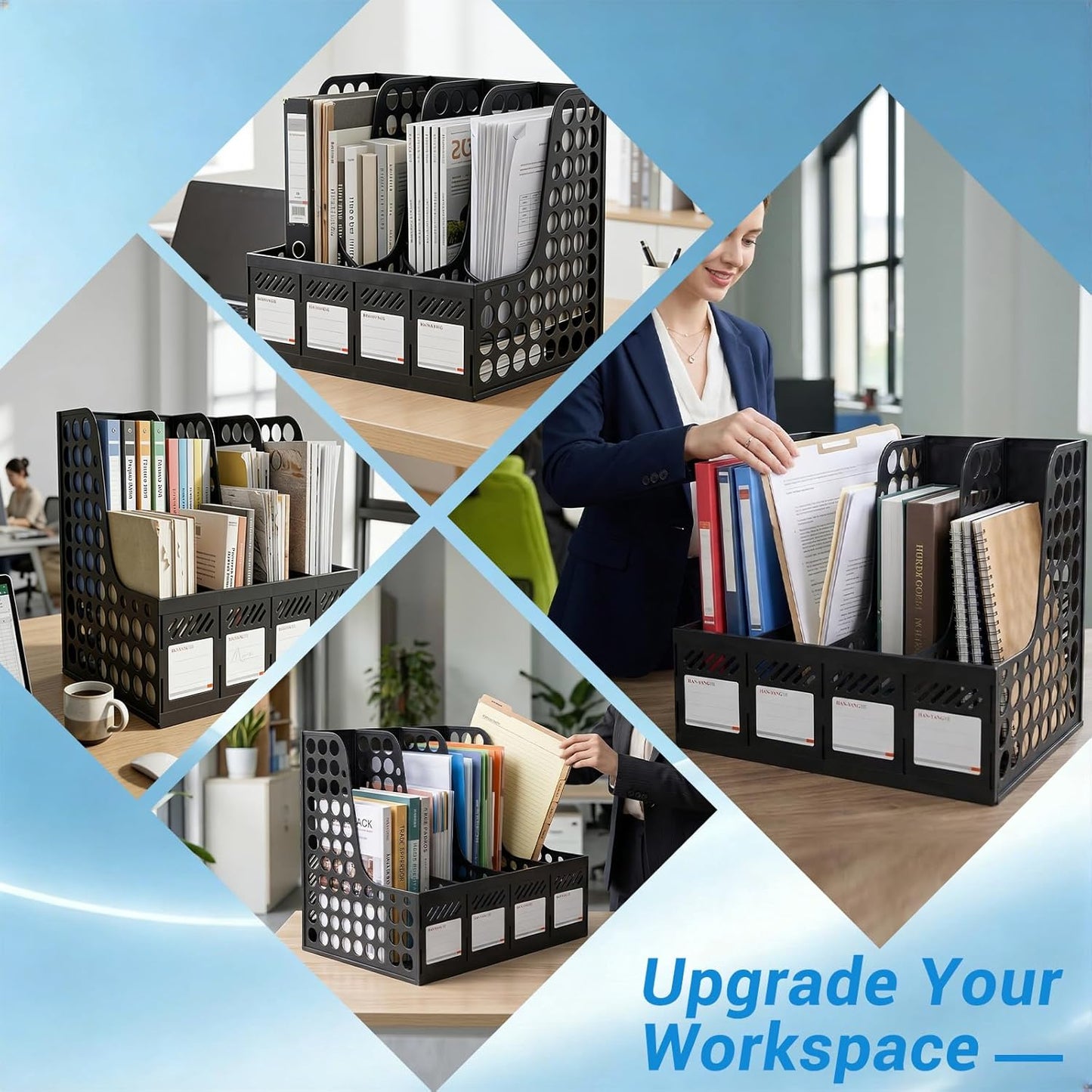 Ysenchan Plastic Magazine File Holder & Desk Organizer, 4 Vertical Compartments File Folder Organizer for Office Classroom Organization, Coloring Book Storage with Sturdy Binder Accessories(Black)