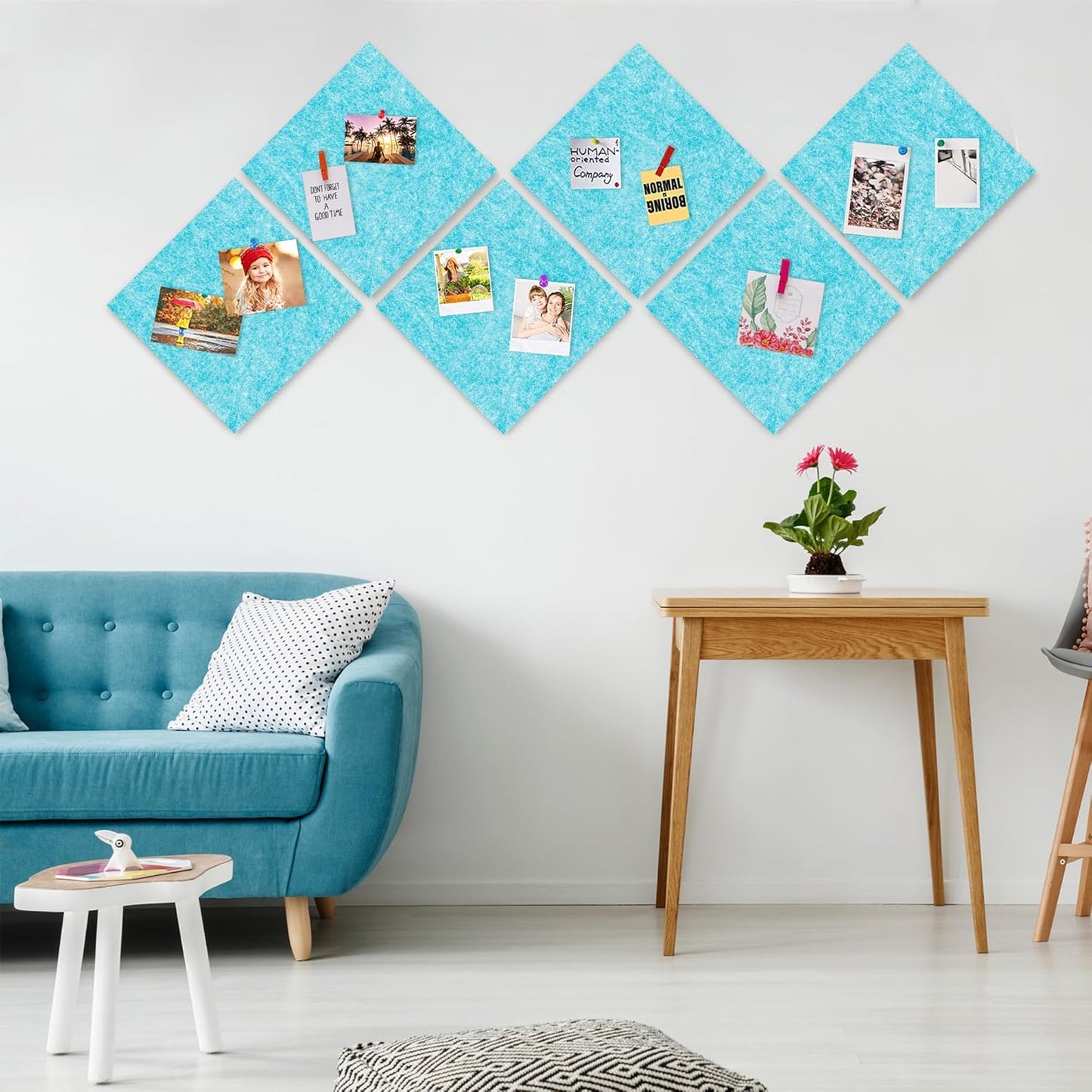 AKTOP Cork Bulletin Board 12x12, 1/2" Thick Felt Cork Board Tiles 6 Pack, Small Square Pin Board for Wall, Self Adhesive Corkboards with 60 Push Pin Wood Clips for School, Home & Office, Baby Blue - Lumora Desk