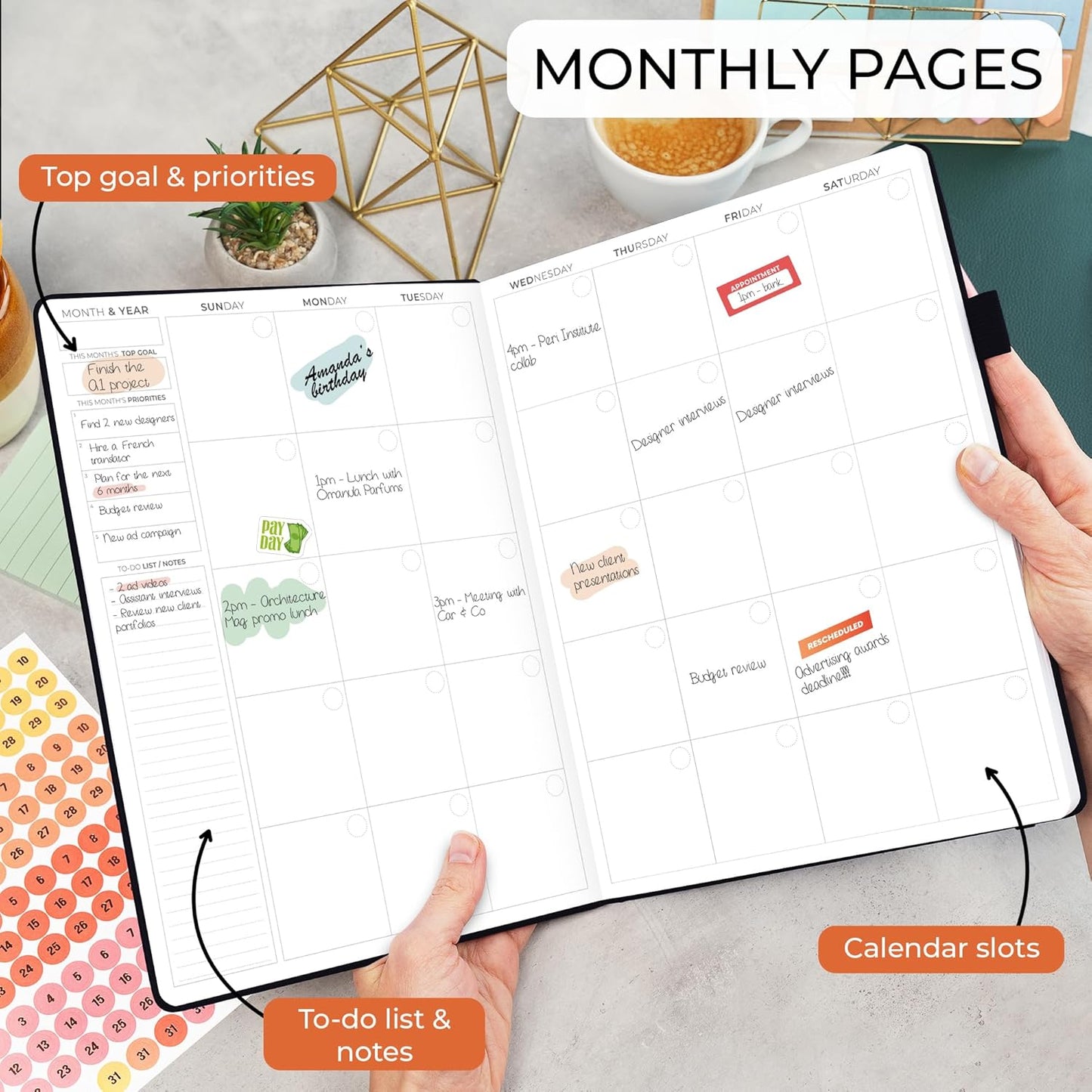 Clever Fox Appointment Book – Hourly Schedule Planner with 15-Minute Increments – Time Box Planner for Daily Work & To-Dos – Weekly & Monthly Spreads, Undated, Hardcover, 8.3x11″ (Black)