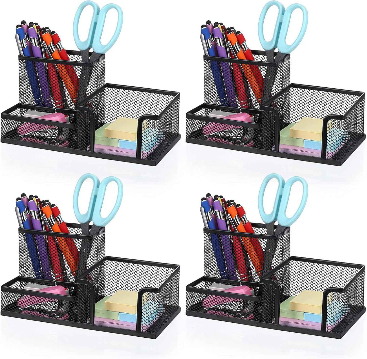 Mesh Pen Pencil Holder Note Holders Desk Organizer, 3 Compartment Wire Desktop Pen Pencil Cup Caddy Office Supplies Accessories for Home Office School, Black(4 Pack)