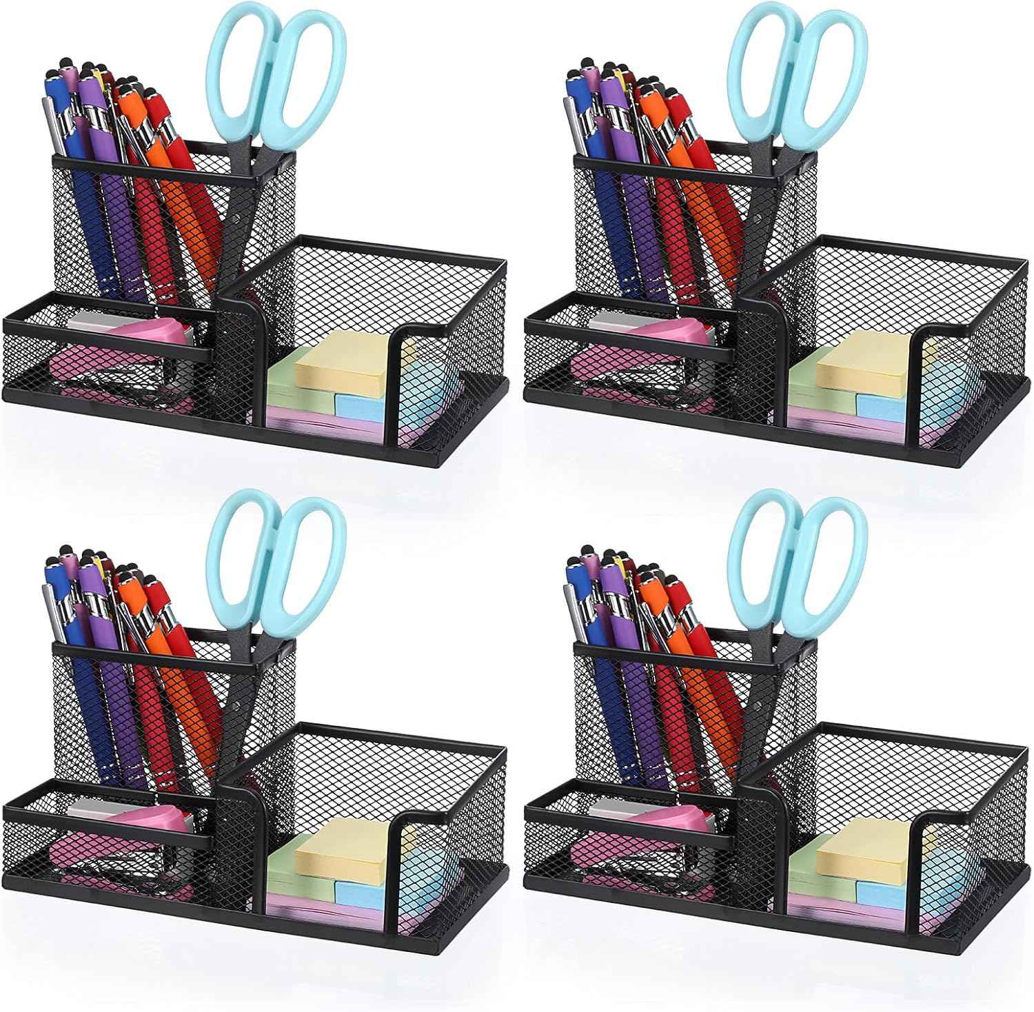 Mesh Pen Pencil Holder Note Holders Desk Organizer, 3 Compartment Wire Desktop Pen Pencil Cup Caddy Office Supplies Accessories for Home Office School, Black(4 Pack)
