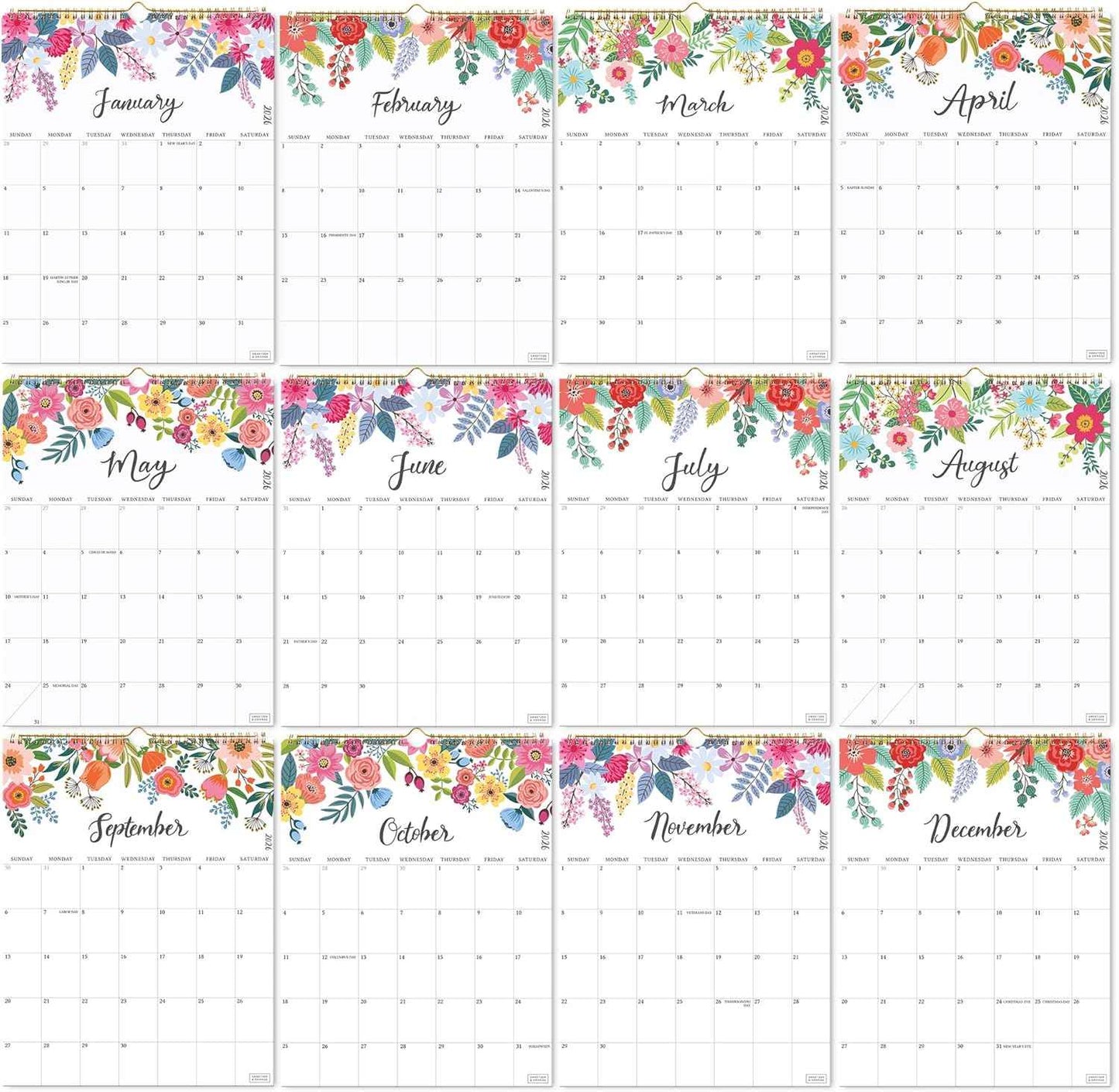 S&O Vertical Floral 2026 Wall Calendar - Tear-Off Monthly Calendar through December 2026-18 Month Academic Wall Planner - Hanging Organizer to Track Anniversaries & Appointments - 13.5"x10.5”in