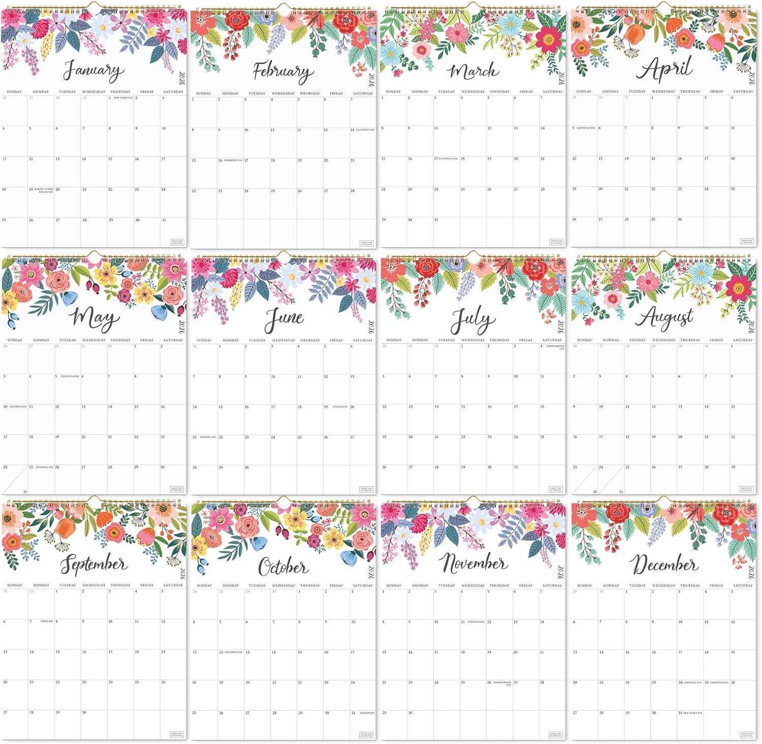 S&O Vertical Floral 2026 Wall Calendar - Tear-Off Monthly Calendar through December 2026-18 Month Academic Wall Planner - Hanging Organizer to Track Anniversaries & Appointments - 13.5"x10.5”in