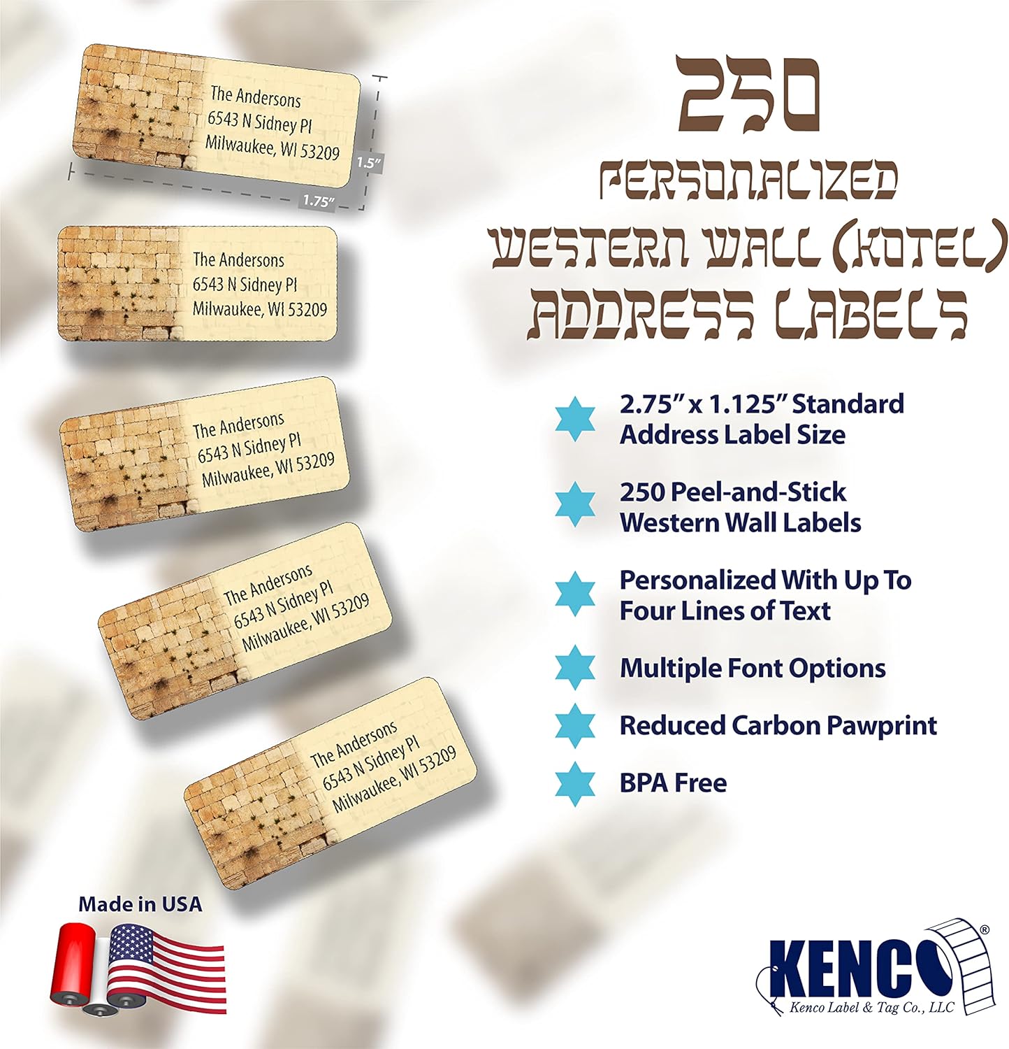 Customized Personalized Address Labels - Made in The USA by Kenco (250 Labels, Kotel Western Wall) - Lumora Desk