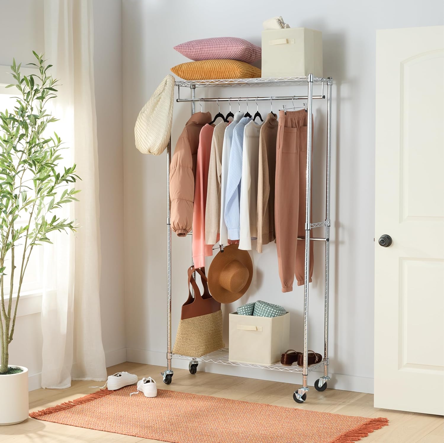 Amazon Basics Adjustable, Double Hanging Rod Garment Rolling Closet Organizer Rack with Wheels, Heavy Duty, Black, 36'' x 14'' x 72'', WI-GAR1436B - Lumora Desk