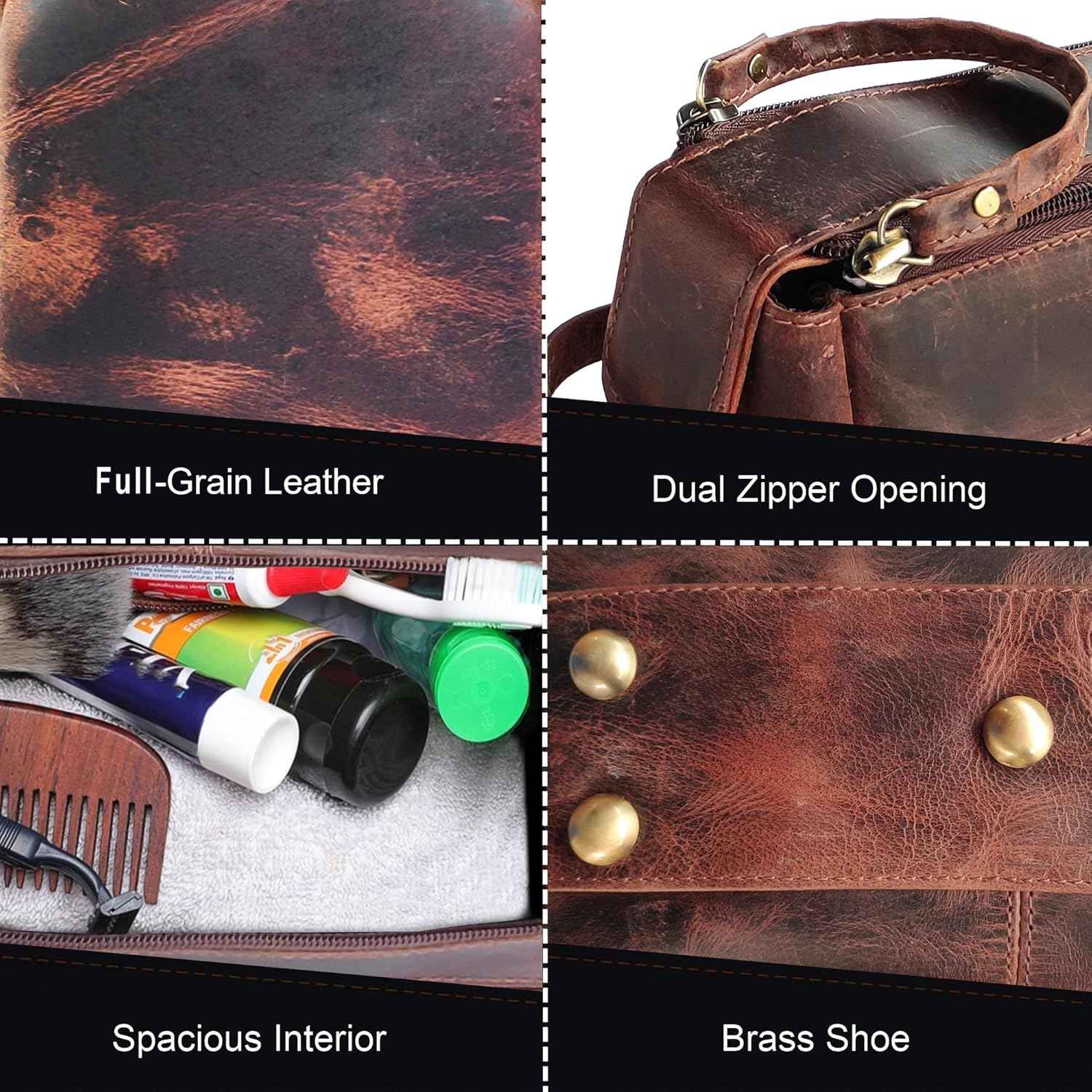 Leather Wash Bag for Men - Travel Toiletry Bag - Shaving Dopp Kit Toiletries Organizer - Leather Makeup Bag for Women