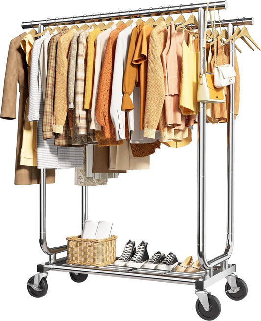 Heavy-Duty Clothes Rack - Double-Rod Stainless Steel Garment Rack with 4-inch Lockable Wheels, Clothing Racks for Hanging Clothes in Bedroom, Laundry Room, 43.3"×16.5"×61.0", Silver - Lumora Desk