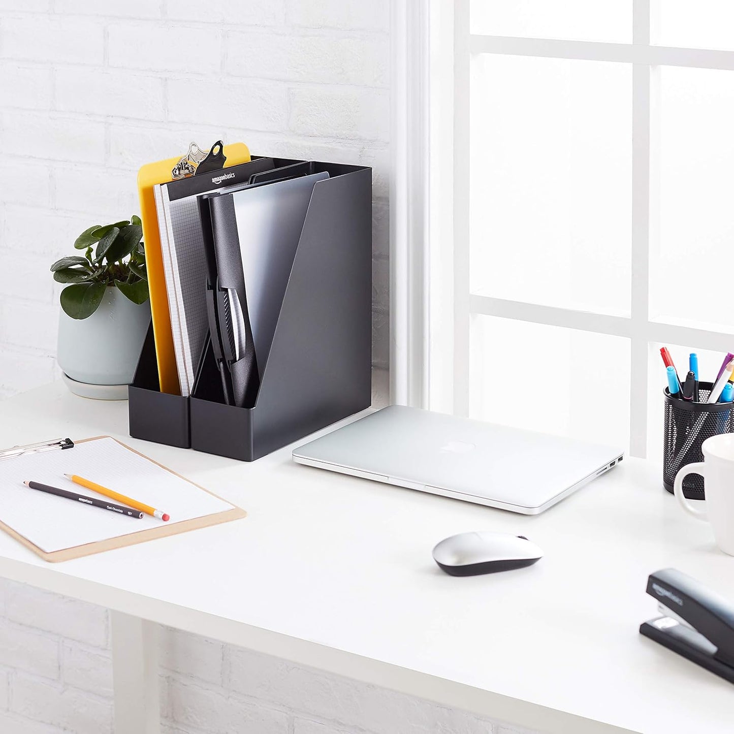 Amazon Basics Plastic Desk Organizer - Vertical Magazine and File Holder, Black, 12-Pack