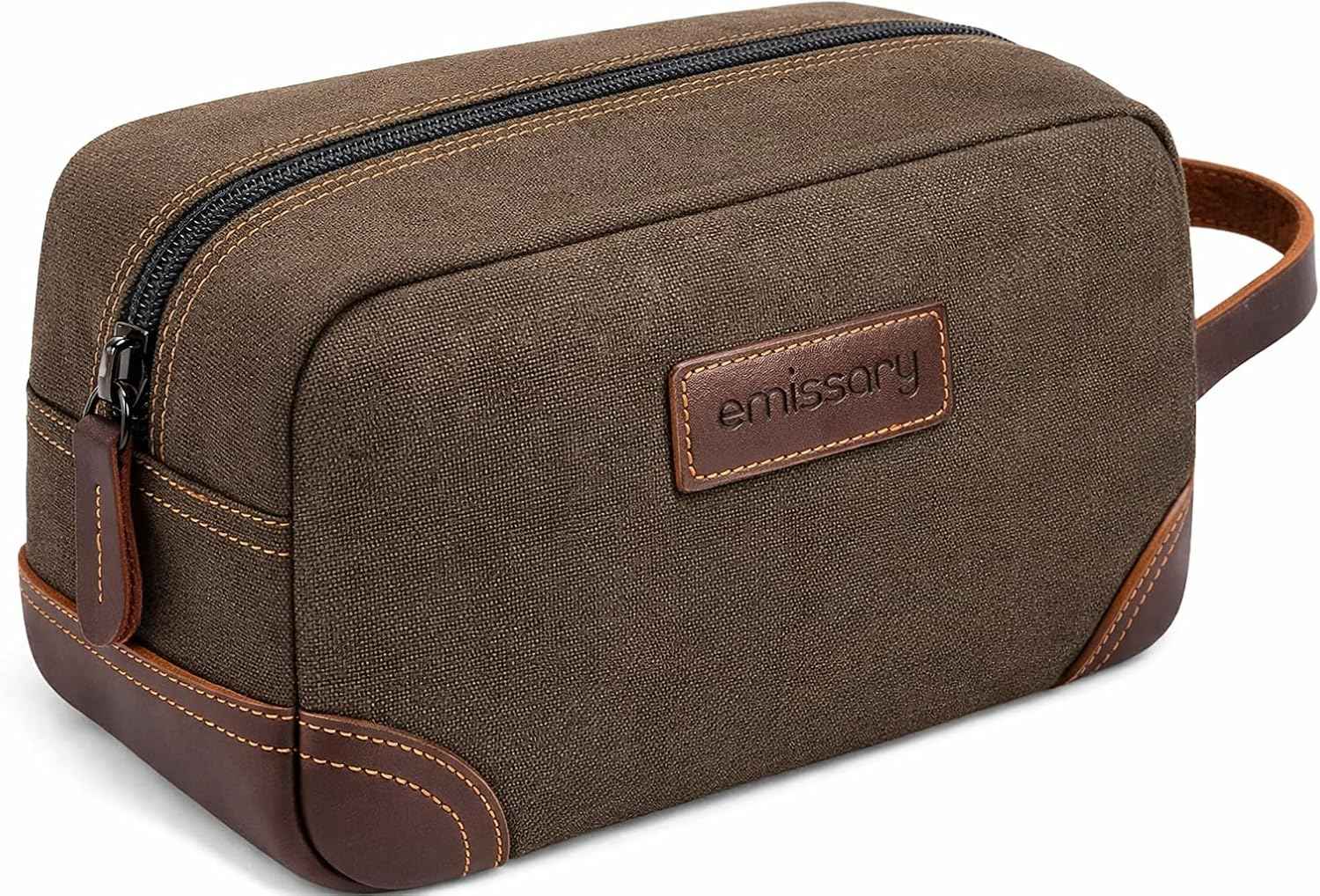 emissary Men's Toiletry Bag, Leather and Canvas Travel Toiletry Bag, Dopp Kit for Men, Travel Bathroom Bag Men's Shaving Kit, Travel Kit Small Bags for Men, Shaving Bag for Travel Accessories (Coffee)