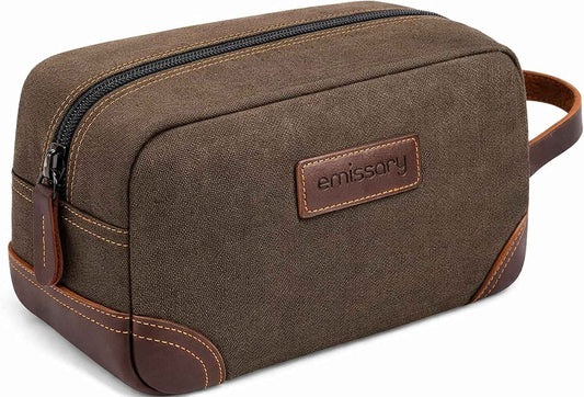 emissary Men's Toiletry Bag, Leather and Canvas Travel Toiletry Bag, Dopp Kit for Men, Travel Bathroom Bag Men's Shaving Kit, Travel Kit Small Bags for Men, Shaving Bag for Travel Accessories (Coffee)