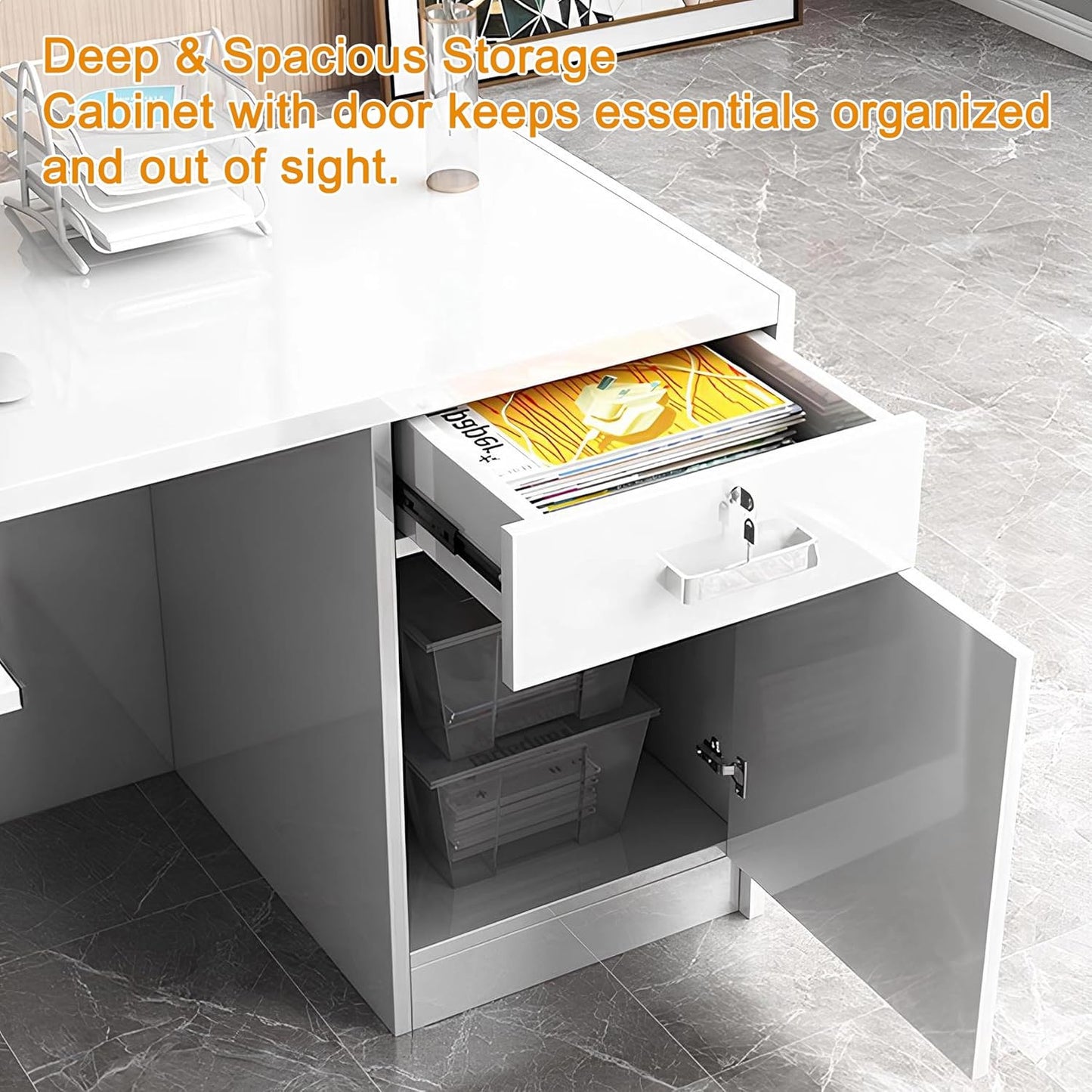 Modern Reception Desk with Counter & Lockable Drawer, Front Desk Reception Counter for Office Retail Store Salon Beauty Shop, Receptionist Wood Checkout Counter Table (White Black - Right, L 70in)