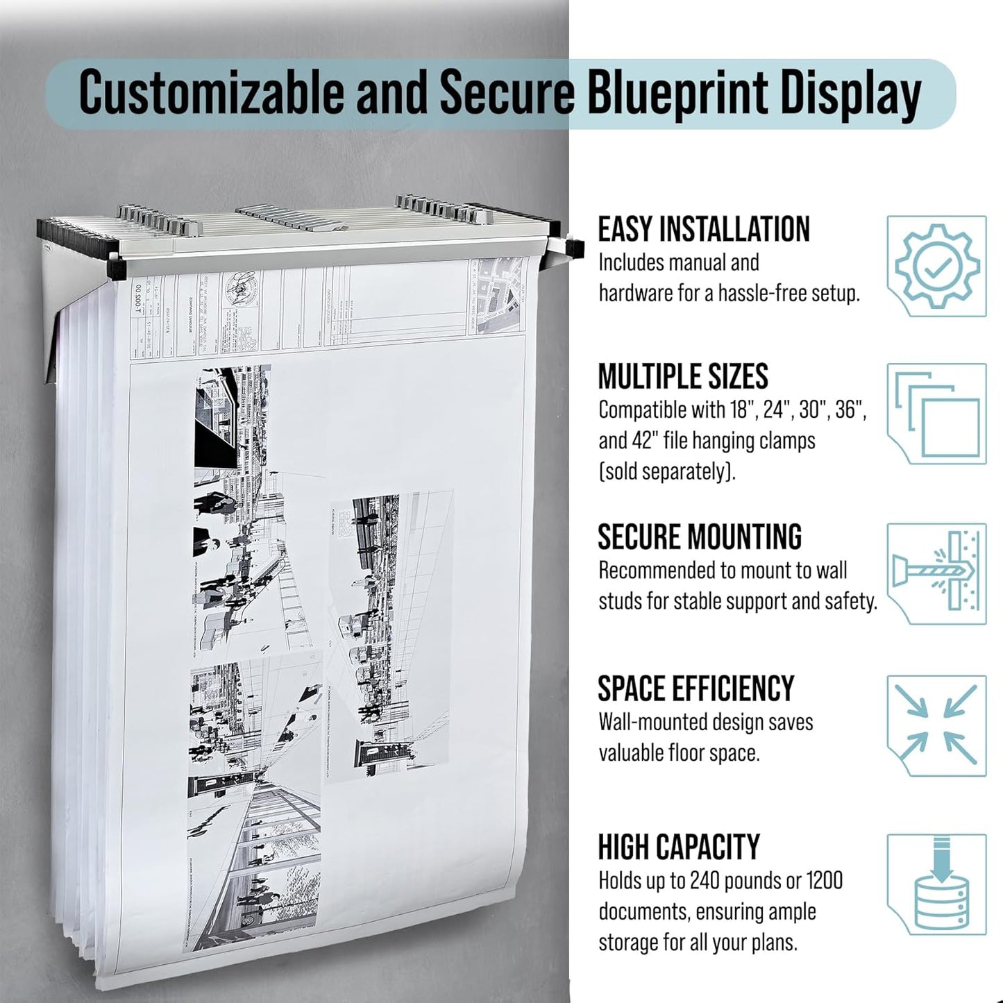 Adir Blueprint Wall Rack - Blueprint Plans Organizer and Construction Plan Holder - Poster Display and Map Rack for Office and Home (Without Blueprint Clamps)