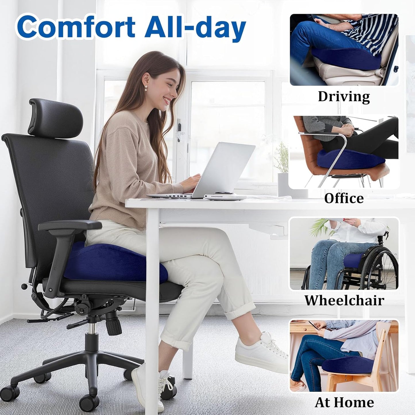 Seat Cushion, Gel Chair Cushions, Office Chair Cushions, Anti-Slip Bottom & Removable Cover Tailbone Pain Relief Cushion, Memory Foam Seat Cushion for Office, Wheelchair, Car (Blue)