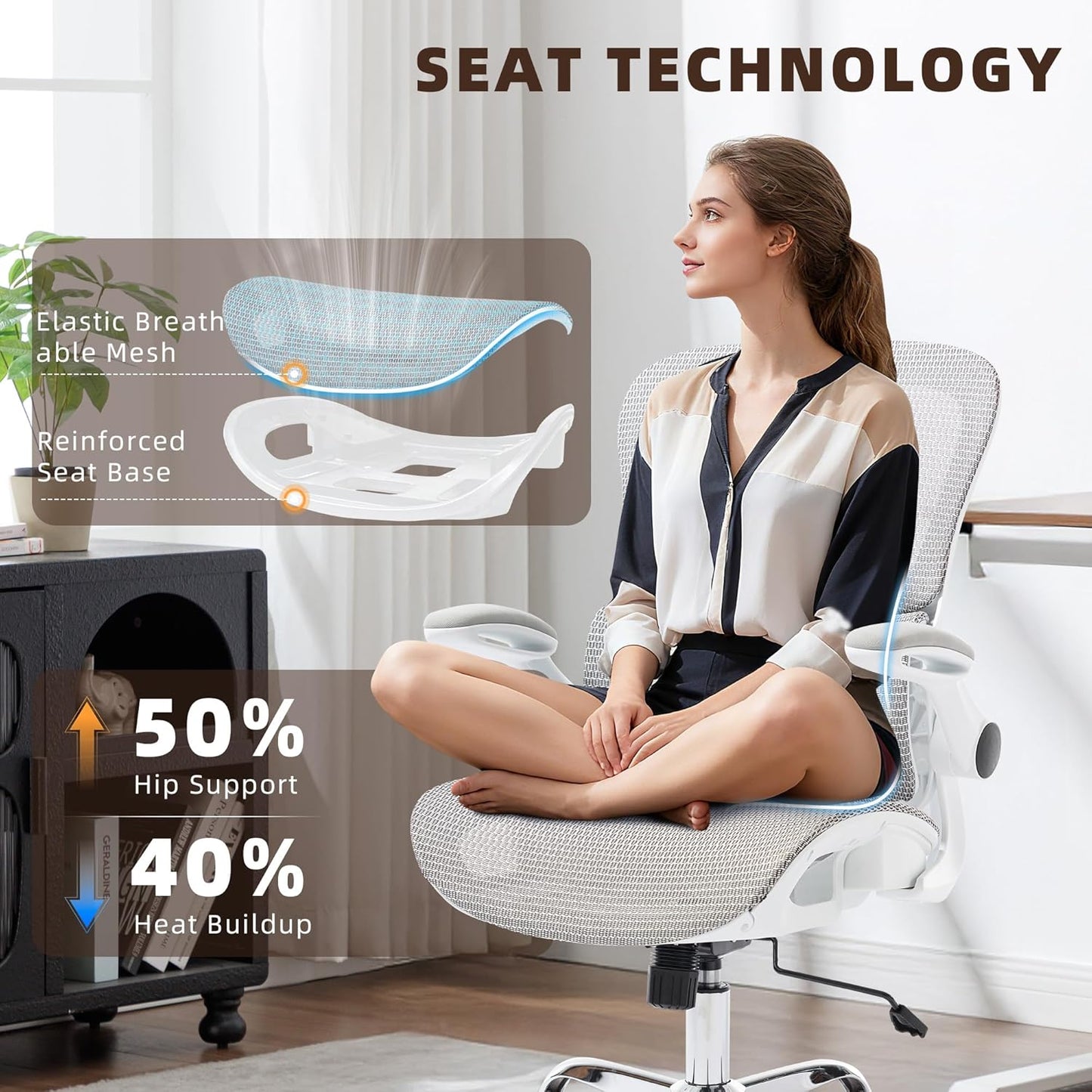 Office Chair, Ergonomic Desk Chair with Adjustable High Back 2D Lumbar Support Flip-up Armrests, Executive Breathable Mesh Comfy Swivel Rolling Computer Task Chair for Home Office Study Work Gaming