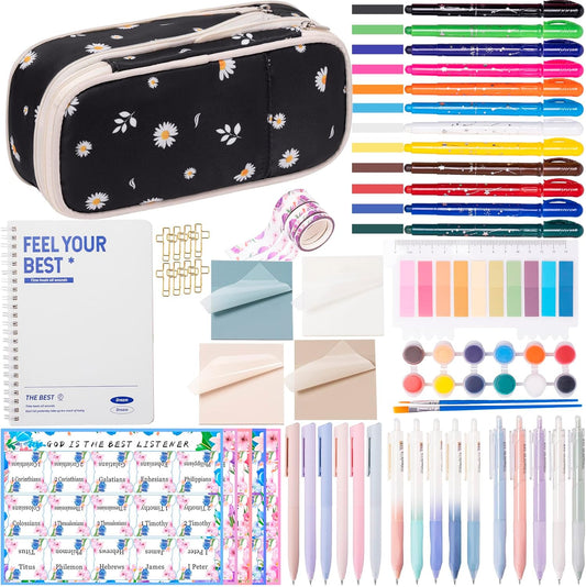 TuErCao Bible Study Supplies Kit - Black Daisies Aesthetic Pencil Pouch Bag, 75 Durable Tabs, 12 Smooth Crayon Highlighters, 16 Gel Pens, Notebook, Notes -Bible Journaling Study Tools