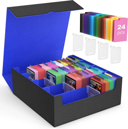 MoKo Trading Card Storage Box, 3000+ MTG Deck Box with 24 Colorful Dividers & 4 Card Supporters, Commander Card Deck Case Fits for Magic Game Cards, YugiOh, TCG, PTG and Sport Cards, Black Blue