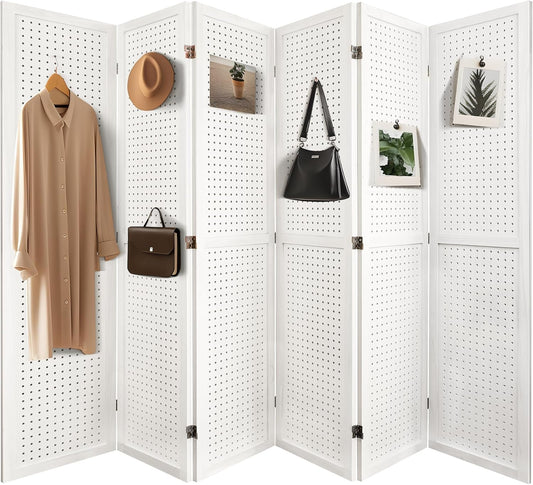 NicBex 6 Panel Pegboard Display,5.6FT Wood PegBoard Room Dividers,Folding Privacy Screens Portable Freestanding Display Board for Craft/Art Shows,Room Separation,White - Lumora Desk