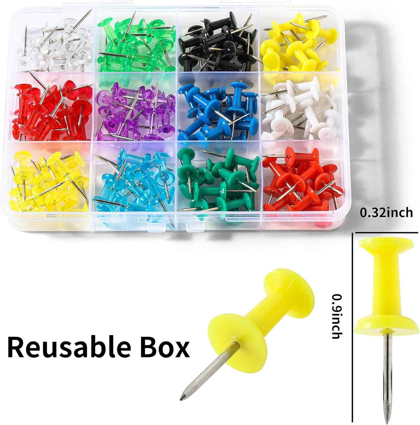 Hudinsun 12 Colors 150 Pcs Push Pins, Standard Thumb Tacks Steel Point and Plastic Head, Push Pins for Bulletin Board, Cork Board and Wall