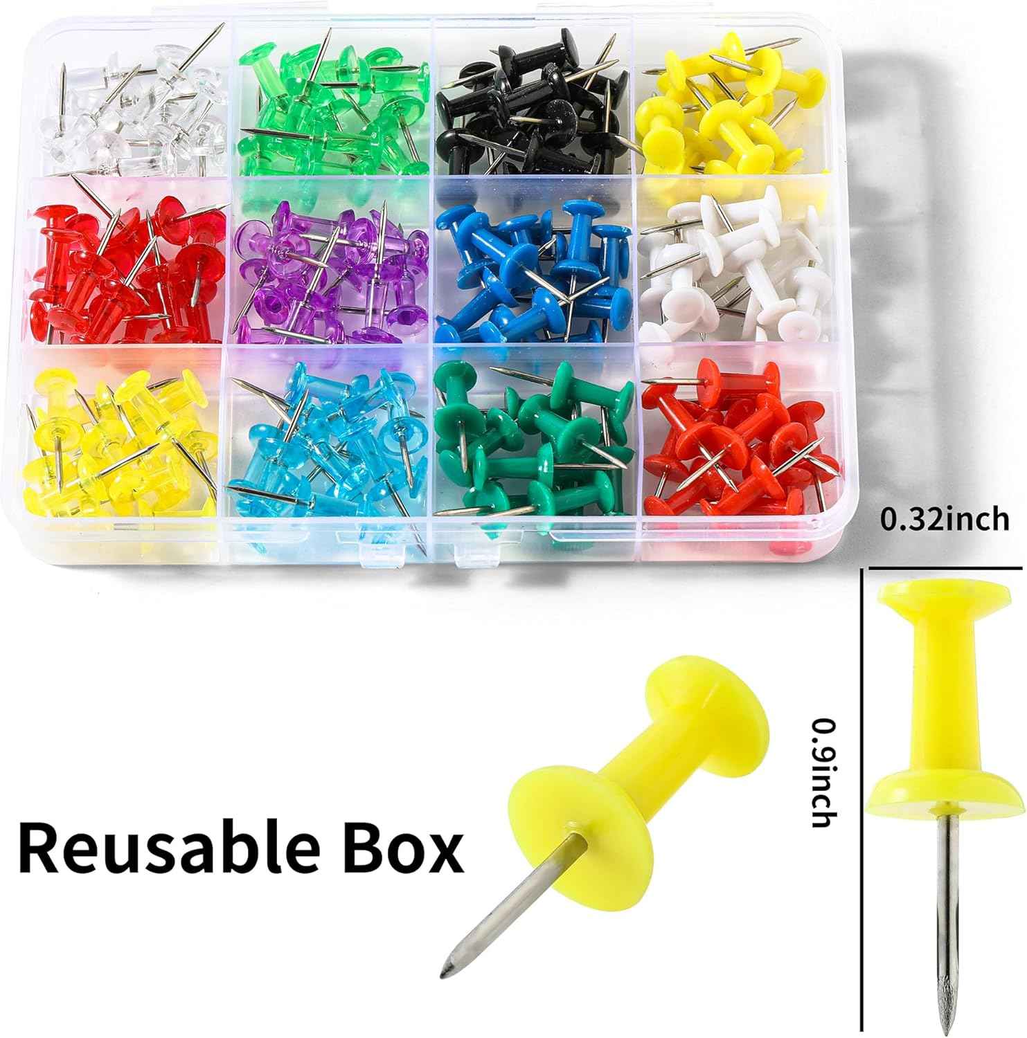 Hudinsun 12 Colors 150 Pcs Push Pins, Standard Thumb Tacks Steel Point and Plastic Head, Push Pins for Bulletin Board, Cork Board and Wall