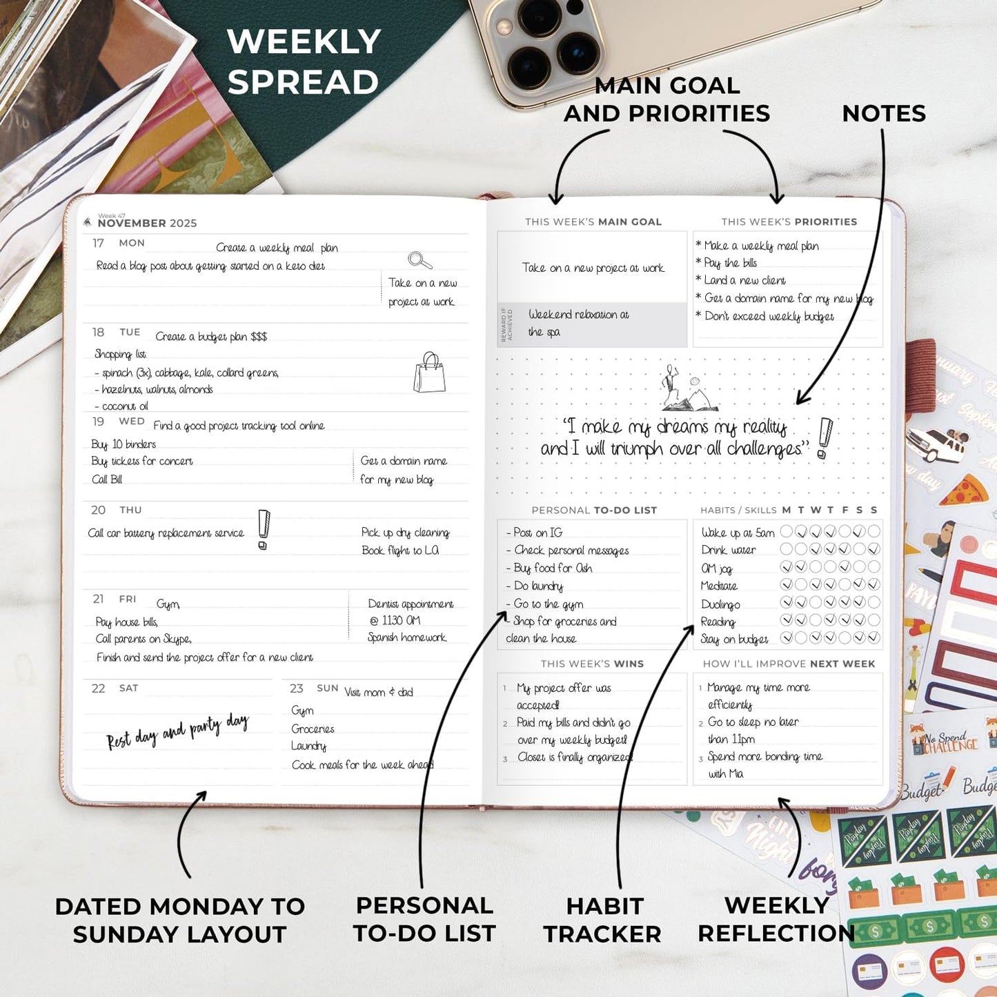 Clever Fox Dated Planner Premium 2025 – Weekly Agenda for Planning & Time Management –Notebook with Habit Tracker & To-do List (Rose Gold)