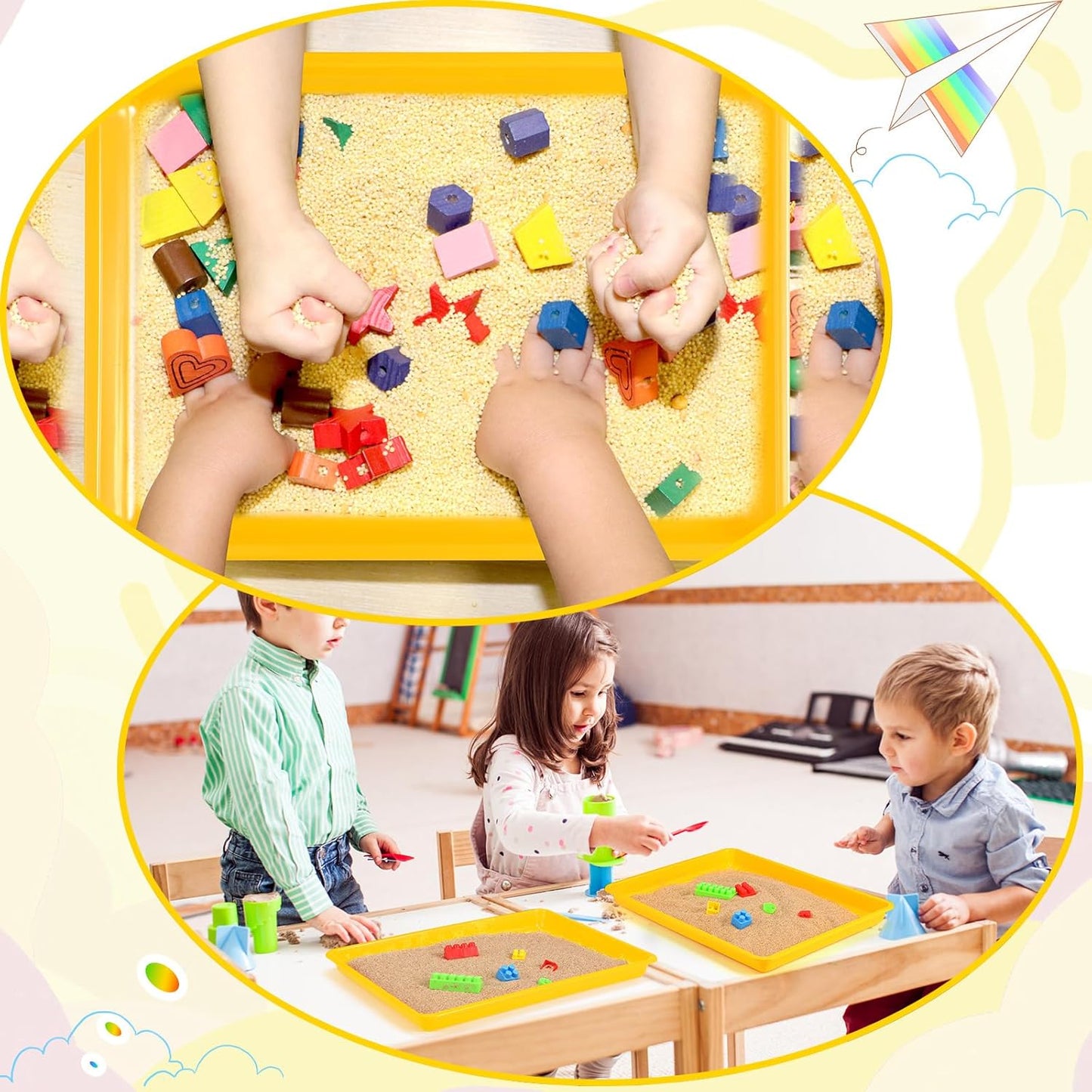 Maitys 15 Pcs Flat Plastic Trays 16.1 x 11.8'' Sensory Storage Paper Tray Stackable Classroom Bins for Office Home Organizer Crafts Supplies(Yellow)