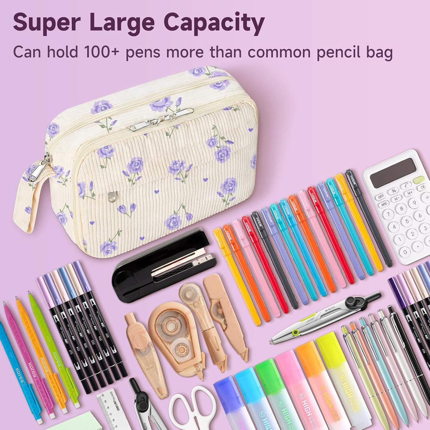 Large Pencil Pouch for Girls,Cute Corduroy Pencil Case Pouch Aesthetic Soft Pencil Bag for School, Zippered Pencil Organizer School Supplies for Teen Girls Women Gift (purple floral)