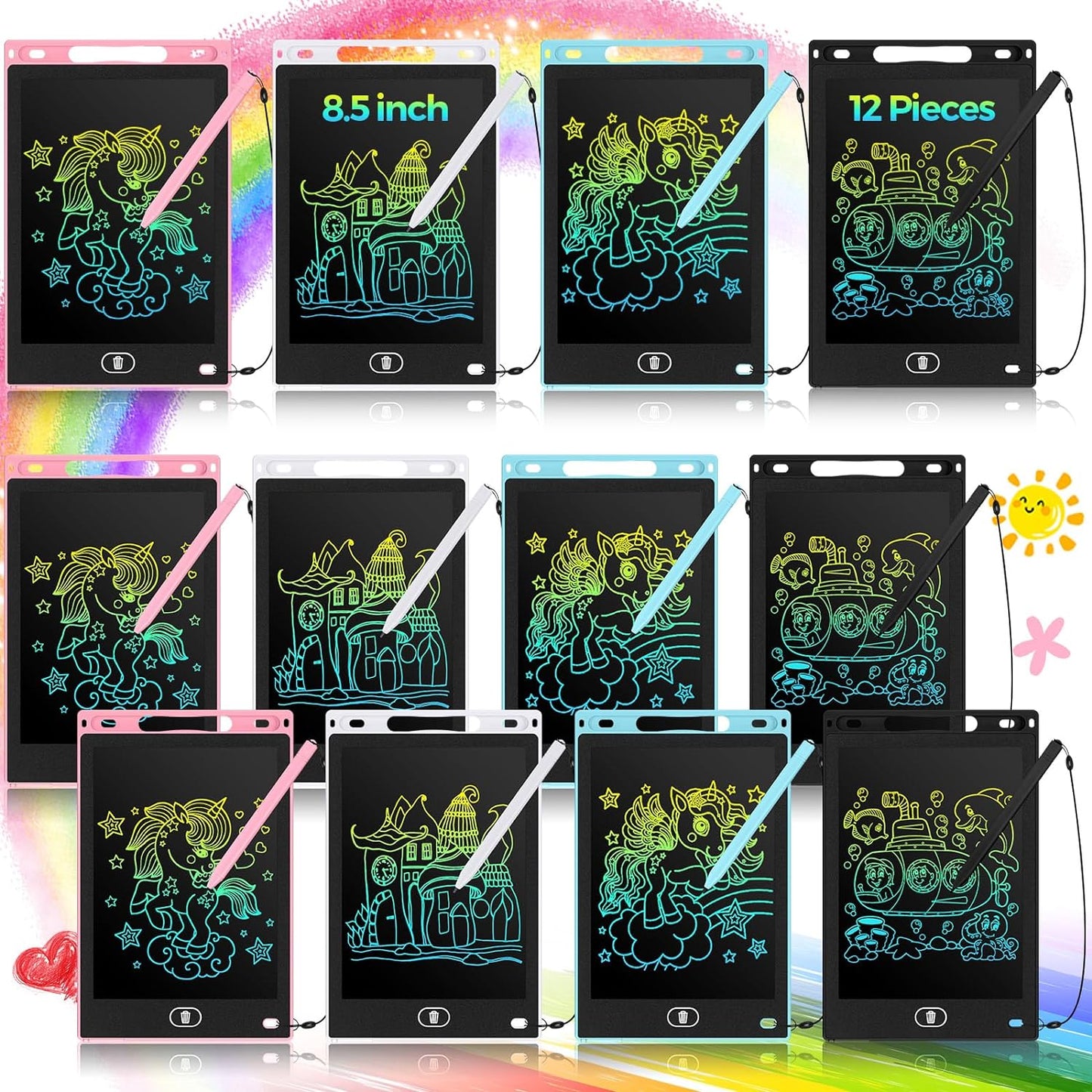 Tinlade 12 Pack LCD Writing Drawing Tablets 8.5 Inch Bulk Colorful Doodle Board Erasable Electronic Painting Drawing Pads Learning Toy Gifts for Kids Christmas School(Pink, Light Blue, White, Black)