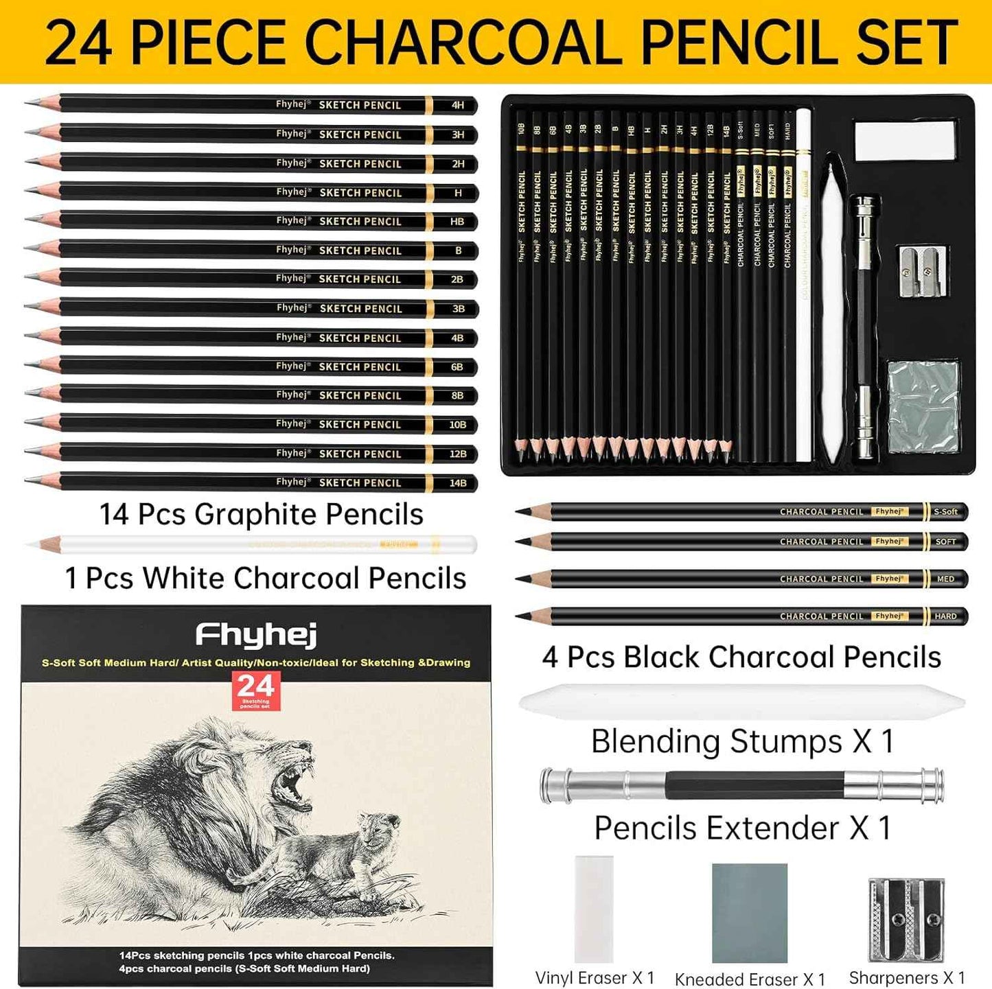24-Piece Drawing Pencil Set - 14 Graphite Sketch Pencils (14B-4H), 4 Charcoal Pencils, White Charcoal Pencil & Art Supplies, Sketch Pencils for Drawing, Shading, Sketching for Beginners & Artists