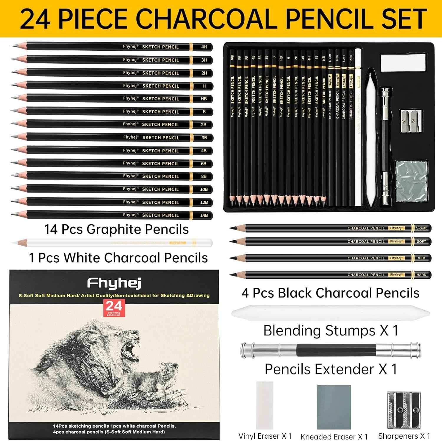 24-Piece Drawing Pencil Set - 14 Graphite Sketch Pencils (14B-4H), 4 Charcoal Pencils, White Charcoal Pencil & Art Supplies, Sketch Pencils for Drawing, Shading, Sketching for Beginners & Artists