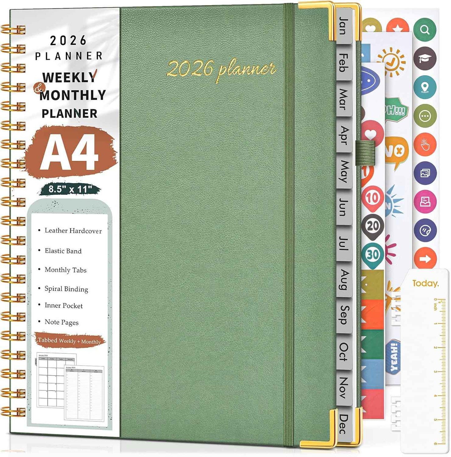 2026 Planner, Weekly and Monthly Calendar Planner from January 2026 - December 2026, 8.5" x 11" Hardcover Leather Hourly Appointment Book with Tabs, Spiral Daily Planners for School Work Home, Green