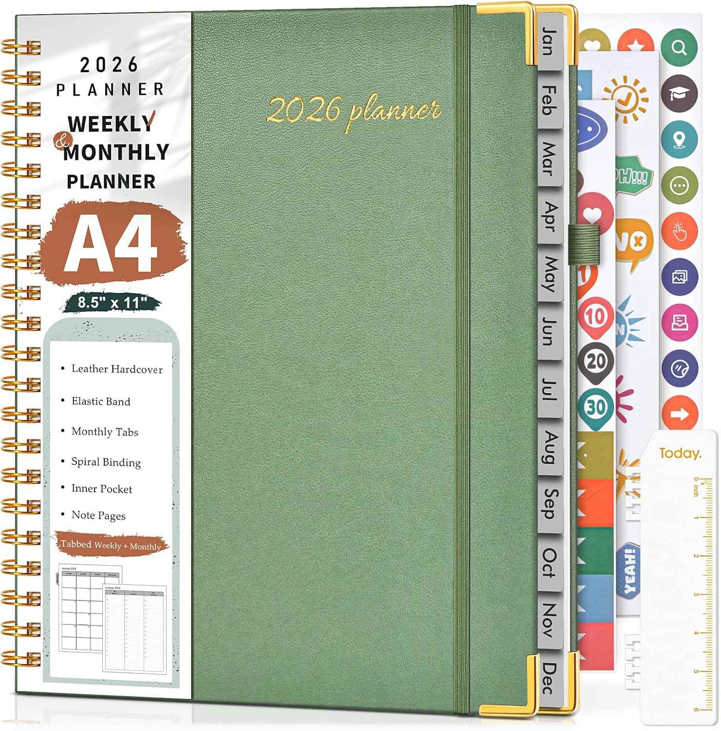 2026 Planner, Weekly and Monthly Calendar Planner from January 2026 - December 2026, 8.5" x 11" Hardcover Leather Hourly Appointment Book with Tabs, Spiral Daily Planners for School Work Home, Green