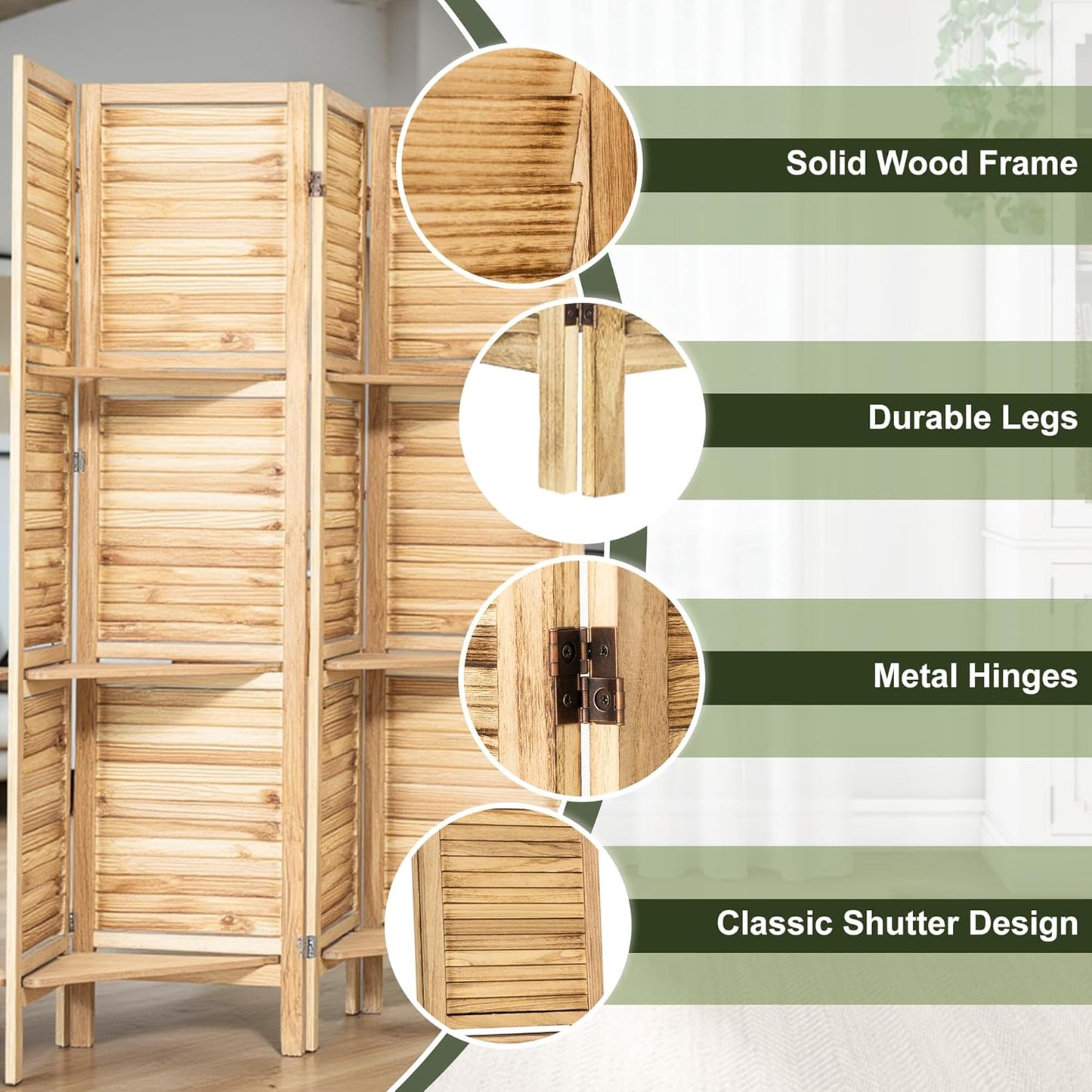 NicBex 4 Panel Room Divider,5.6FT Wood Carved Room Dividers with Display Shelves Folding Privacy Screens Portable Freestanding Partition Wall Dividers for Room Separation, Bedroom Office,Natural Wood - Lumora Desk