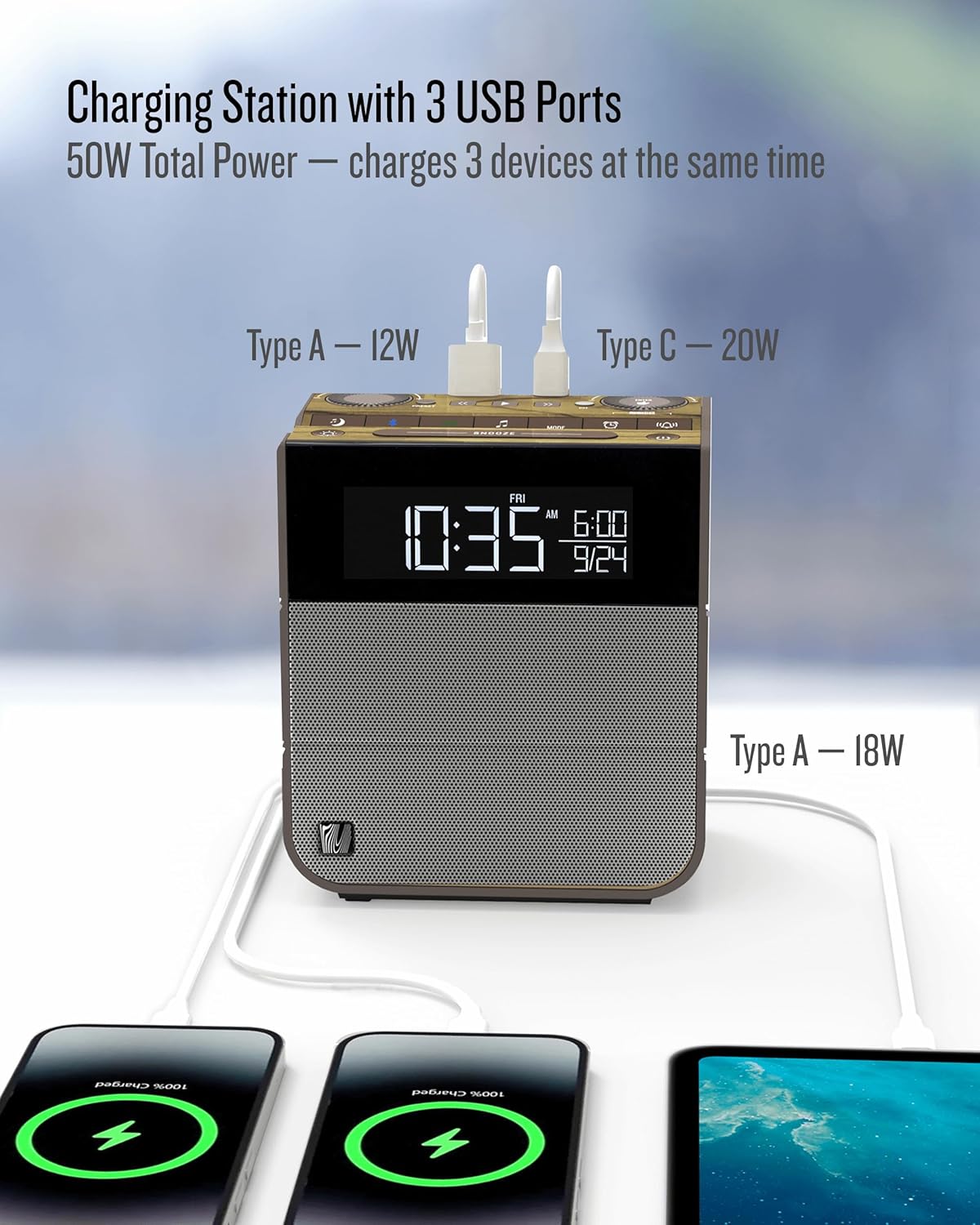Sound Rise II, SFQ-16: Bedside Alarm Clock Radio & Bluetooth Speaker, with Large Display Screen, FM Radio, Fast USB Charging, and Nature Sound