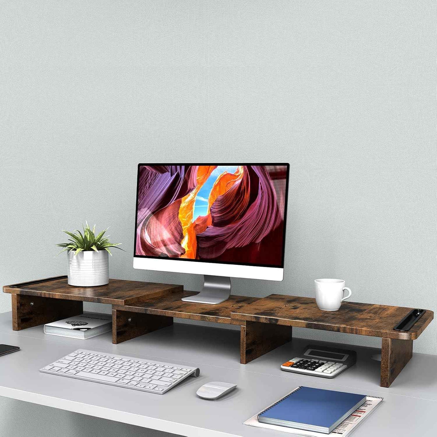 Zimilar Dual Monitor Stand Riser, Monitor Stand with Adjustable Length and Angle, Wood Monitor stand for desk, Monitor Riser for 2 monitors with Storage Space(Rust Brown Large)
