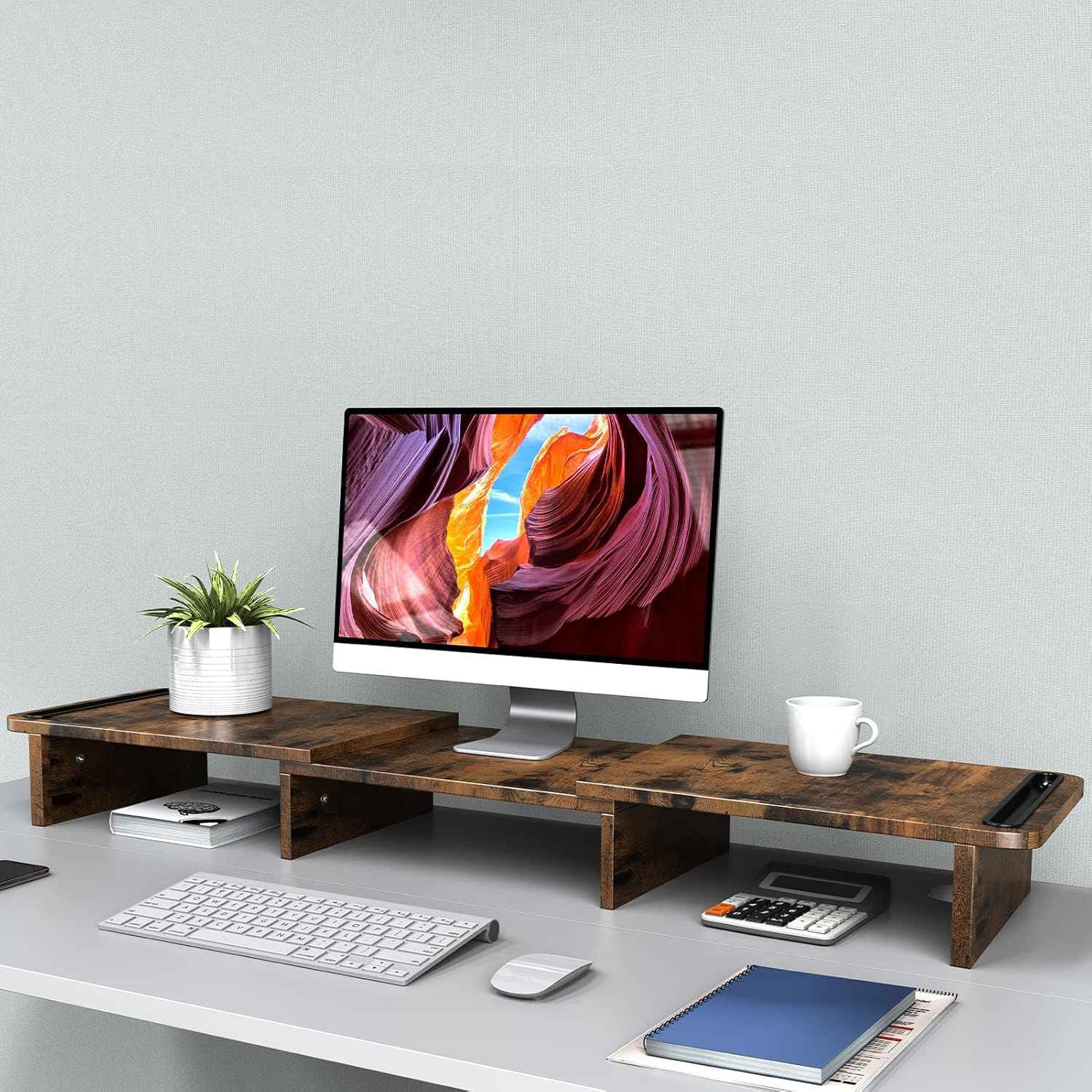 Zimilar Dual Monitor Stand Riser, Monitor Stand with Adjustable Length and Angle, Wood Monitor stand for desk, Monitor Riser for 2 monitors with Storage Space(Rust Brown Large)