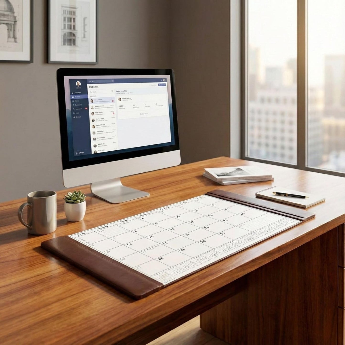 Chocolate Brown Leather Desk Pad w/Calendar, 34 x 20