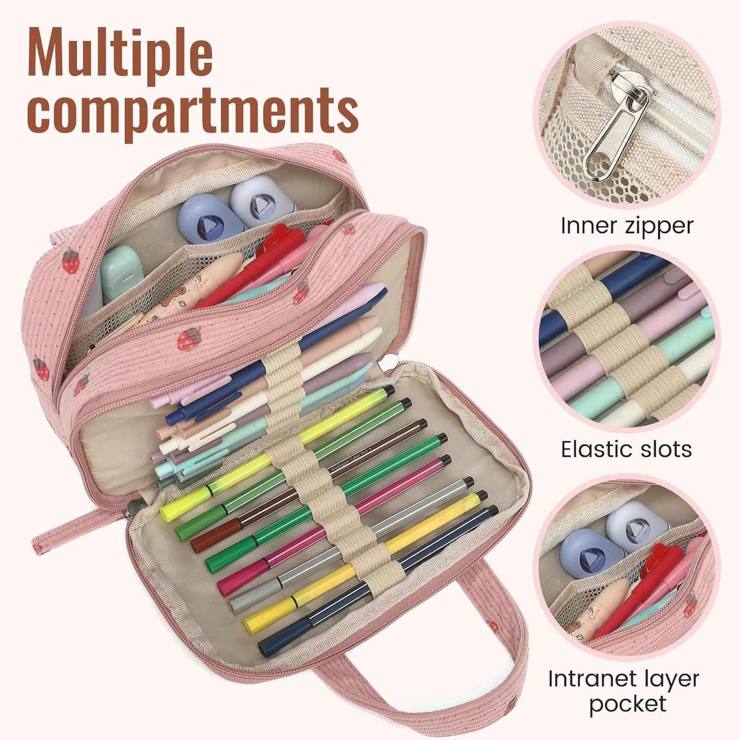Large Pencil Case Pouch,Extra Big Pencil Bags with Zipper,Cute Corduroy Pencil Pouch with 5 Compartments,Pen Bag Wide Opening,Pencil Pouch Organizer, Pencil Box for Teen Girls Adults (Pink)