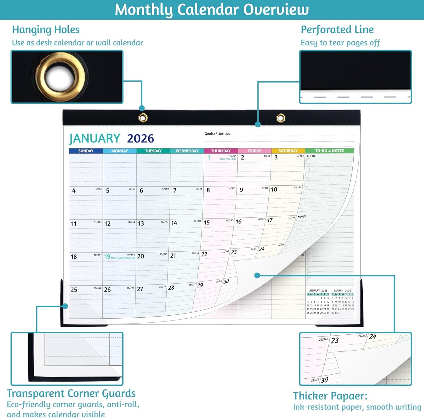 Desk Calendar 2026-2027 – Jan 2026 - Jun 2027, 18 Monthly Desk Calendar 2026-2027 Large, 17’’ x 12’’, 2026 Desk/Wall Calendar with To-do Lists, Desk Pad, Ruled Blocks, Corner Protectors