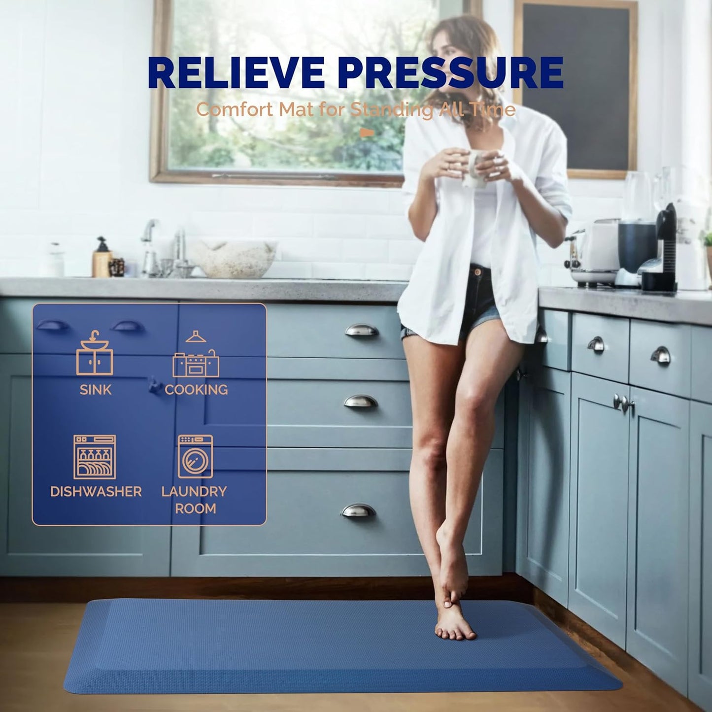 Anti Fatigue Mat Floor Kitchen Mat, FEATOL Standing Desk Mat Foam Cushioned Anti Fatigue Mats Comfort Standing Pad 9/10 Inch Thick (20" x 39", Blue)
