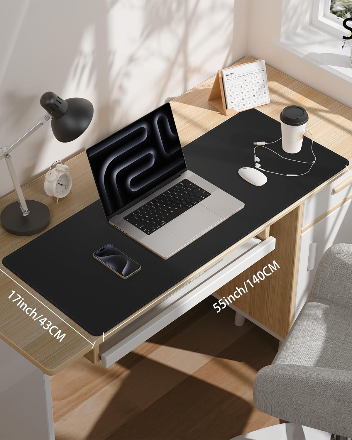 Extra Large Desk Pad Mat - Waterproof Mouse Pad & Desk Protector, Non-Slip XXL PU Leather Gaming Mat for Keyboard/Mouse, Stitched Edge with Ergonomic Support, 55"x17" (Black)