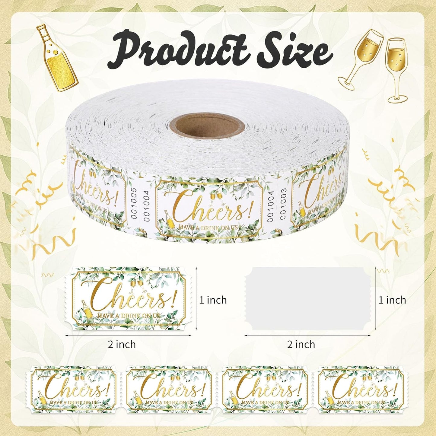 1000 Pcs Drink Ticket Single Raffle Tickets Roll Greenery Eucalyptus Leaves Golden Cheers Cocktail Design Free Drink Ticket for Events Wedding Work Formal Parties Leisure Class Reward