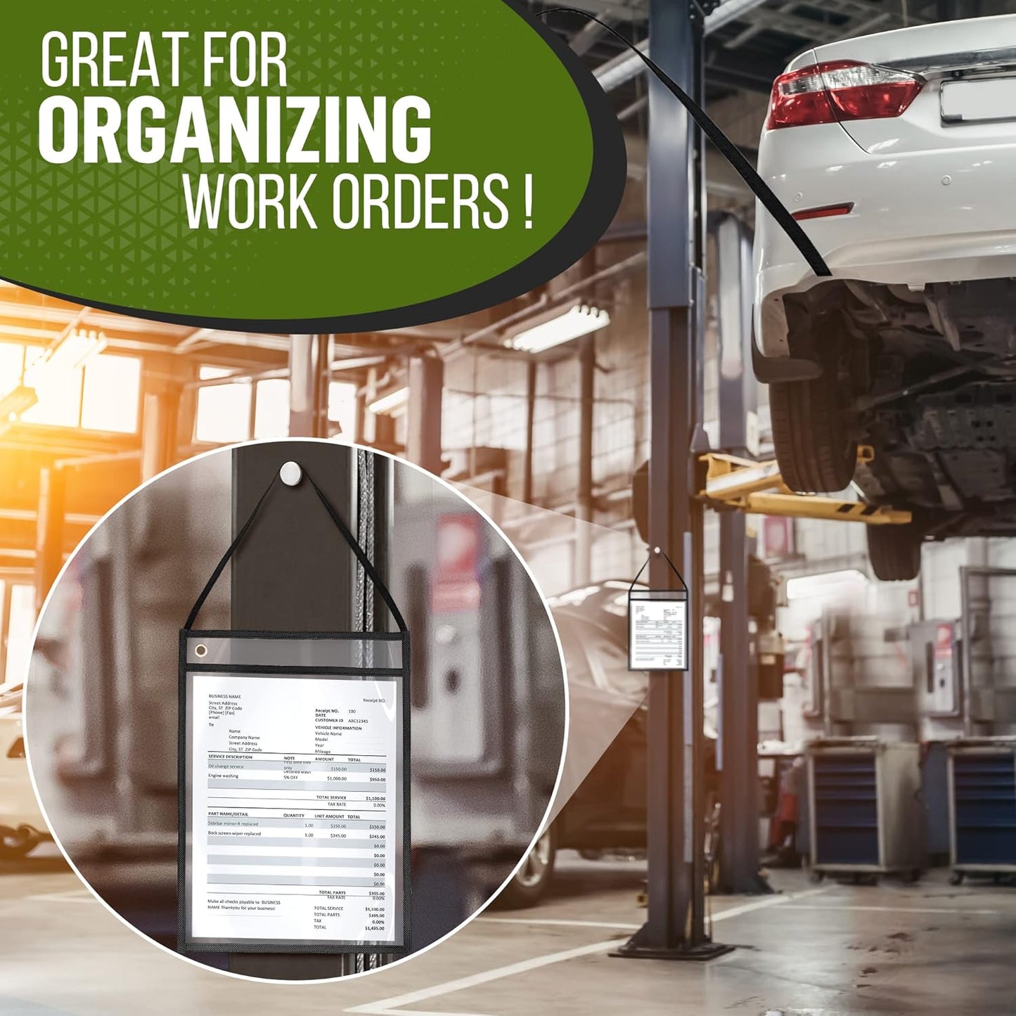 30 Pack Job Ticket Holders 9x12 with Strap - Hanging Shop Ticket Holders - Work Order Plastic Sleeves for Documents - Dry Erase Pocket Sleeves - Dry Erase Pockets - Clear Pocket Sleeve 9 x 12