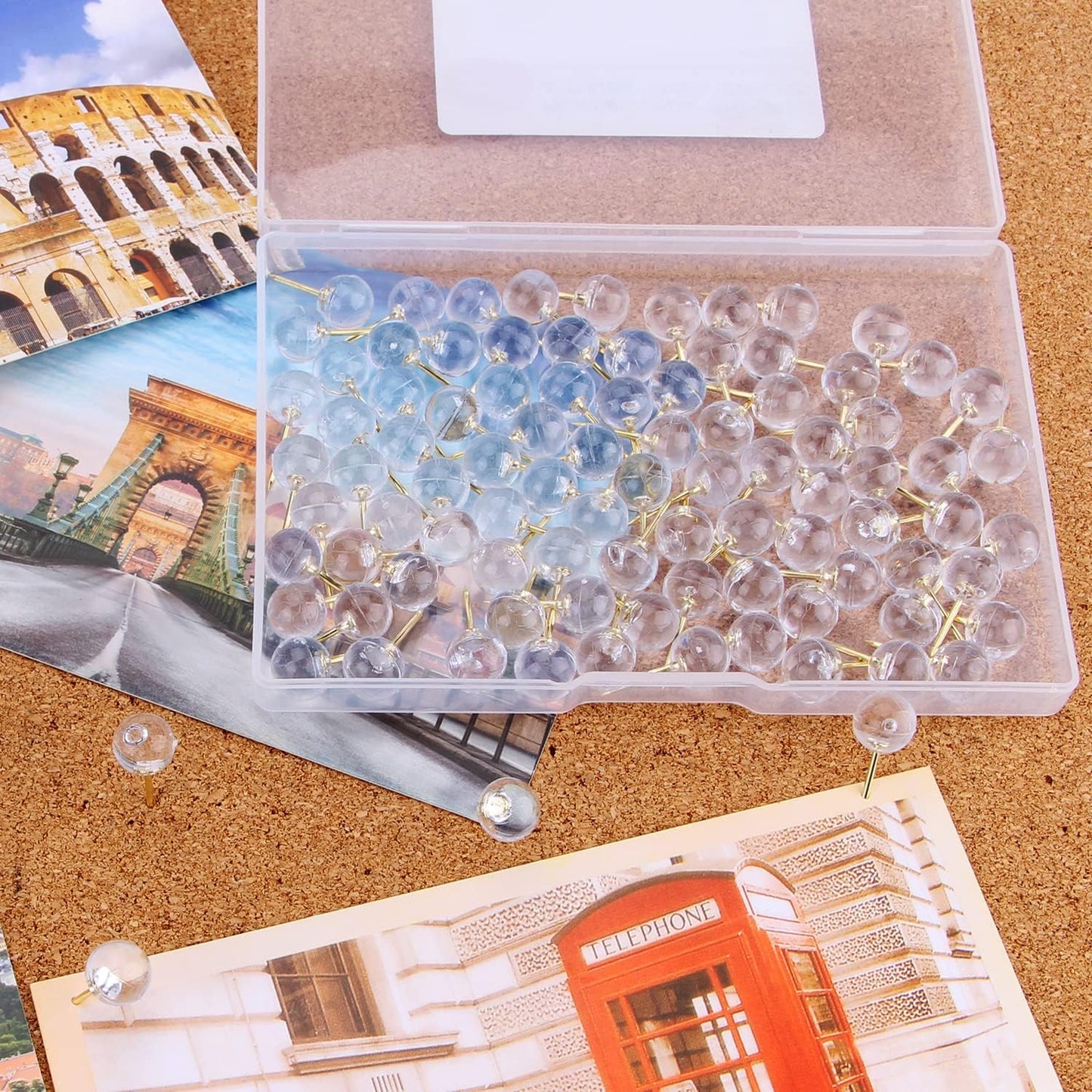 Push Pins 1/3 Inch Gold Map Tacks 100-Count Large Size Pins Golden Steel Point and Transparent Plastic Round Head (Gold)