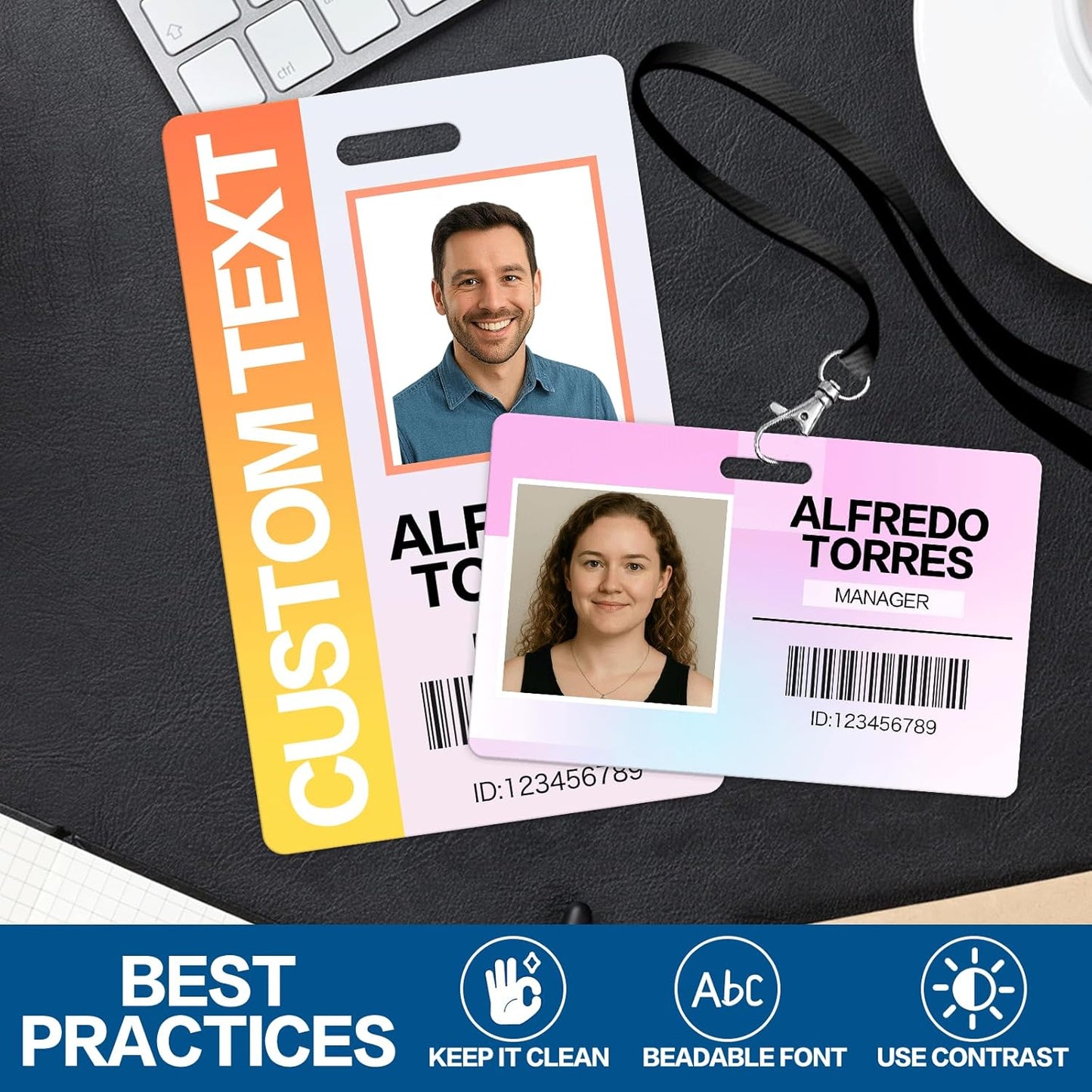 Custom ID Badge Personalized Employee ID Card Identification Badges Print Name Photo Logo Double Work Badges Barcode Tag Volunteer Office ID Vertical